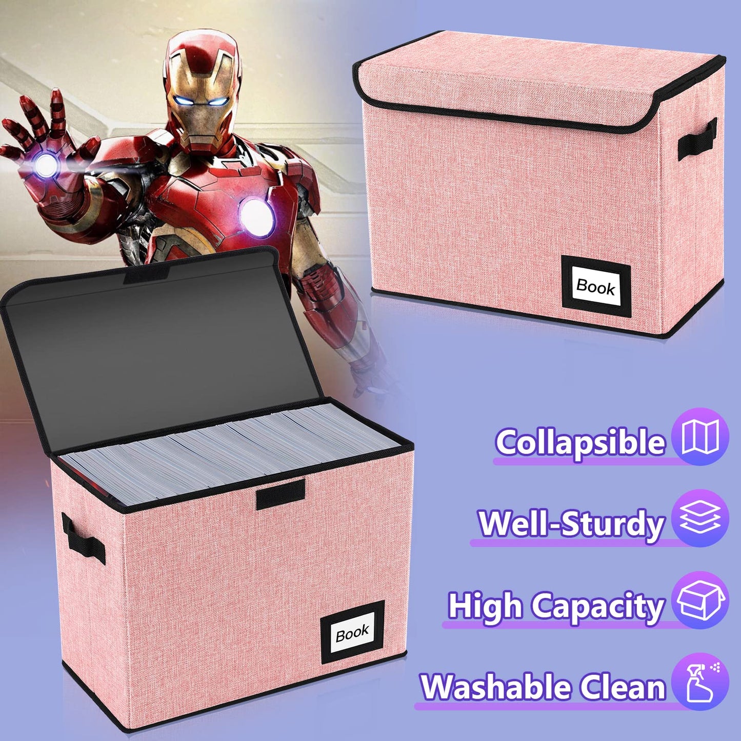 YNSZAS 2 Pack Comic Book Storage Box, Comic Protector Organizer, 15.8" X 7.8" X 11.8", Collapsible Comic Short Box, Holds 160-180 Comic Book Container Holder Shelf Bin (Pink)