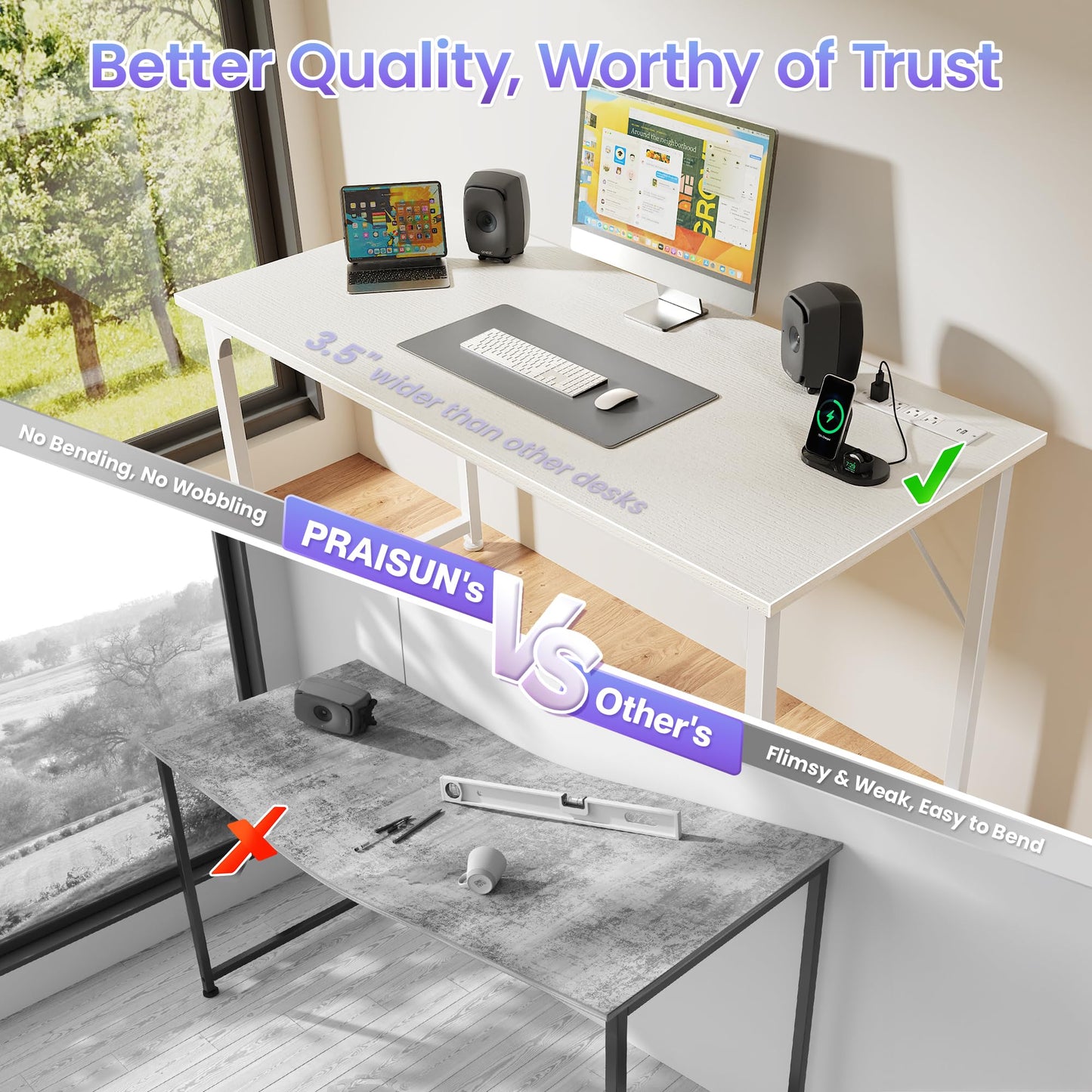 PRAISUN 47 X 20 Inch Office Computer Desk with Power Outlets and USB-C Port, Larger Gaming Desk, for Home Office, Study, Bedroom, Writing Work from Home Table, Metal Frame, White