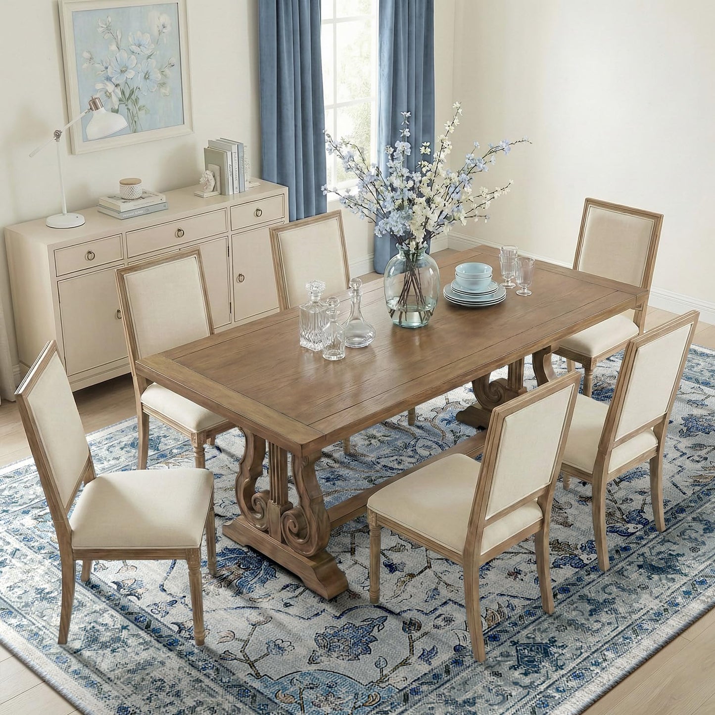RELEANY Area Rugs 8'x10' Washable Non-Slip, Floral Vintage Distress Medallion Carpet for Living Room Bedroom Dining Room, Light Blue Navy Gray White