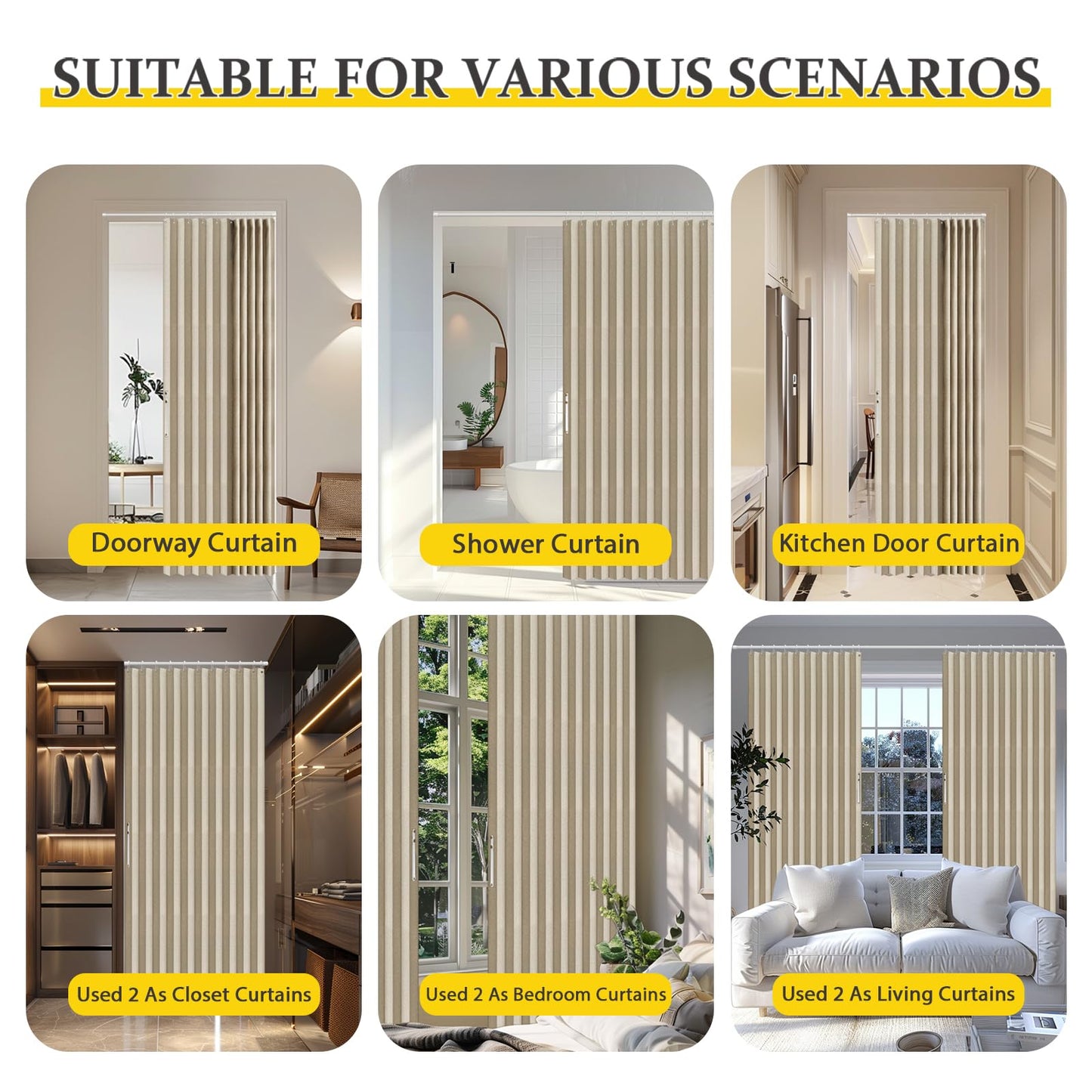 AJAZZ 100% Blackout Magnetic Door Curtain Accordion Doors Interior Folding Closet Door Curtain Invisible Applicable Bedroom Room Living Room Doorway （Cream Yellow 42" W x 78" L 1 Panel