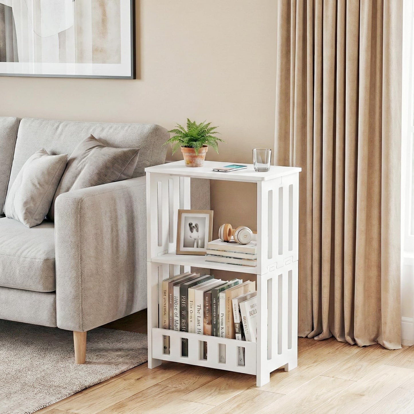 HAYOFAMY 3 Tier Side Table Night Stand, Narrow End Table with Display Shelf, Small Bookcase Bookshelf, Simple Bedside Table Storage Rack for Bedroom, Living Room, Office, Bathroom, White