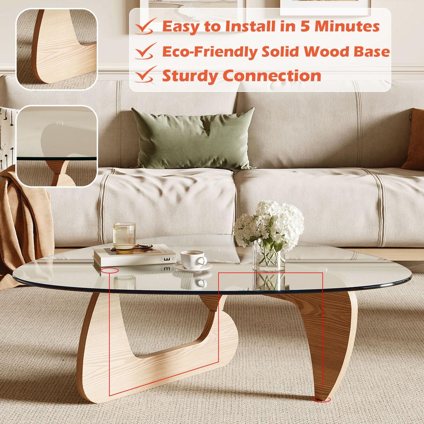 Miloyer Modern Coffee Table for Living Room and Small Spaces, 35.6" x 25.4" x 15.8" Triangle Tempered Glass Table Top and Solid Wood Base, Natural Wood