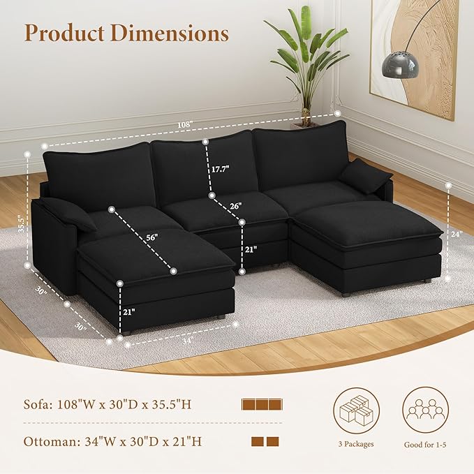 Vesgantti 108" U Shaped Sectional Couch, Comfy Cloud Modular Sectional Sofa