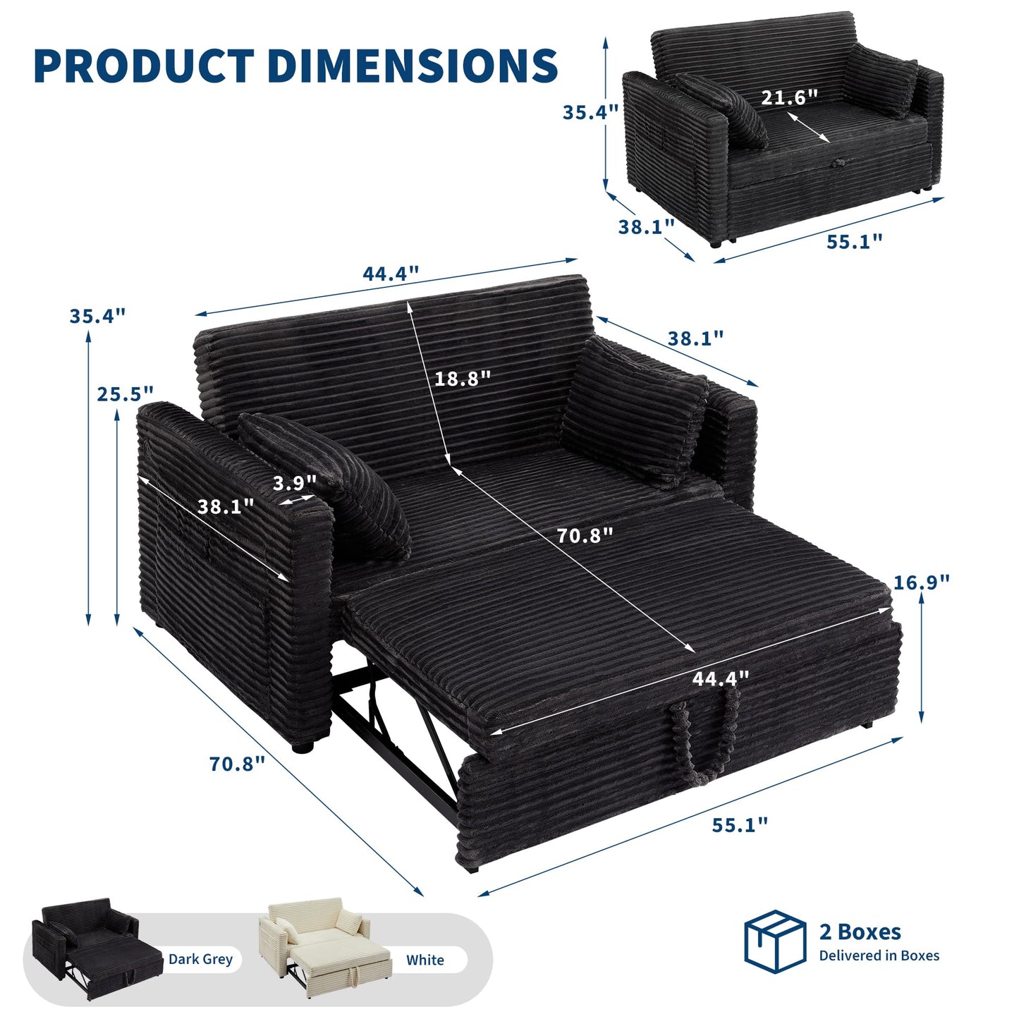 Garvee Futon Sofa Bed, 55'' Loveseat Corduroy Convertible Sleeper Sofa with Pull Out Couch and Adjustable Backrest, 2 Charging Stations, Side Pockets for Living Room, Apartment, Office, Dark Grey