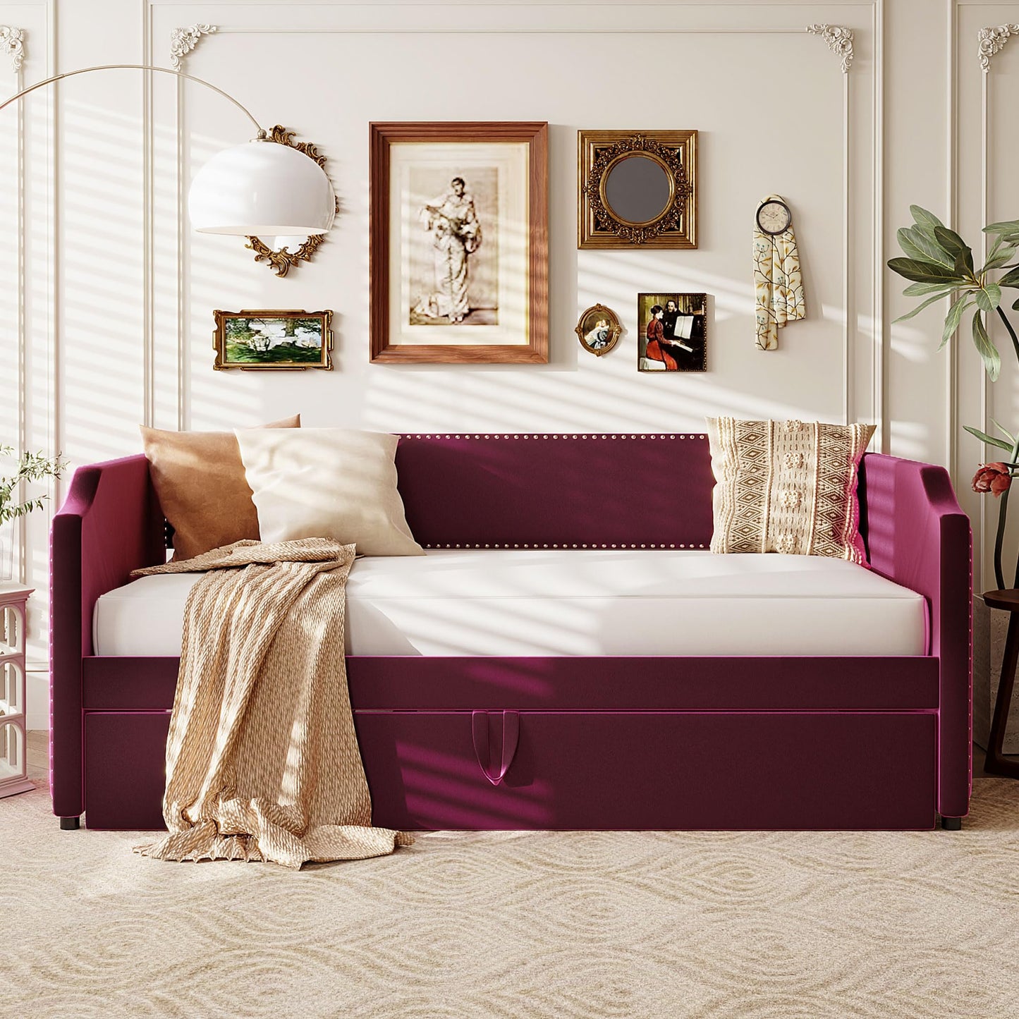QVUUOU Twin Size Velvet Upholstered Daybed with Pop Up Trundle in Beige, Perfect for Bedrooms and Guest Rooms