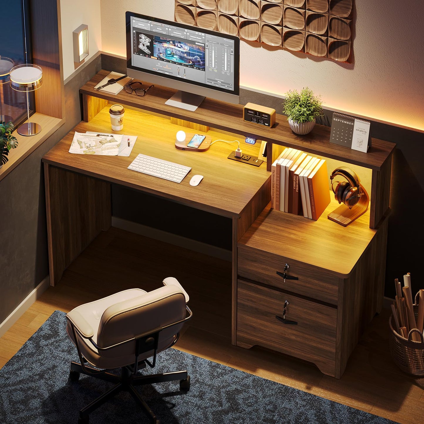Bestier 55 Inch Wood Computer Desk with Lockable File Drawer, Charging Station & LED Lights - Home Office Desk with Storage Shelves, Printer Shelf & Monitor Stand, Wooden Desk for Study & Work, Walnut