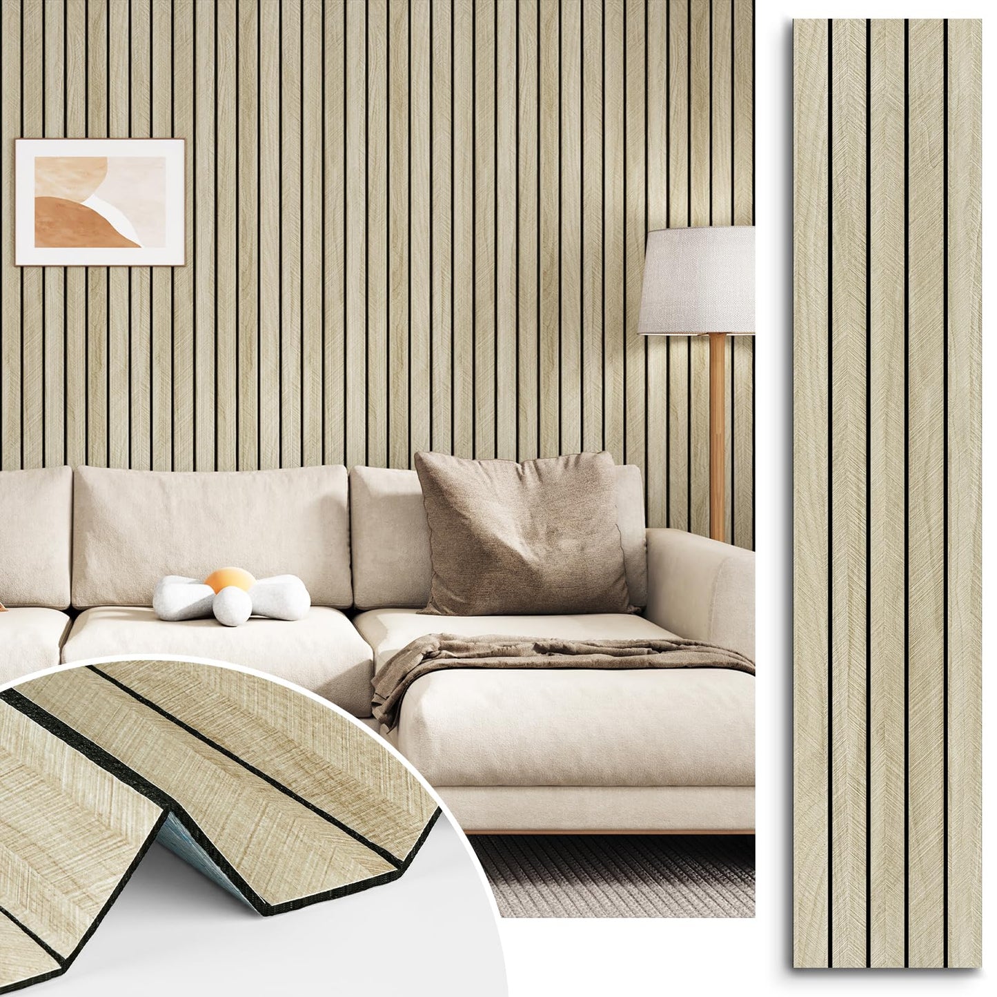 STICKEEP Oak Wood Panels Peel and Stick 3D Textured Acoustic Wall Slats Panel for Interior Wall Decor Self Adhesive Soundproof Wooden Slatted Panel Wallpaper for Bedroom Office Studio 23.6"x118"