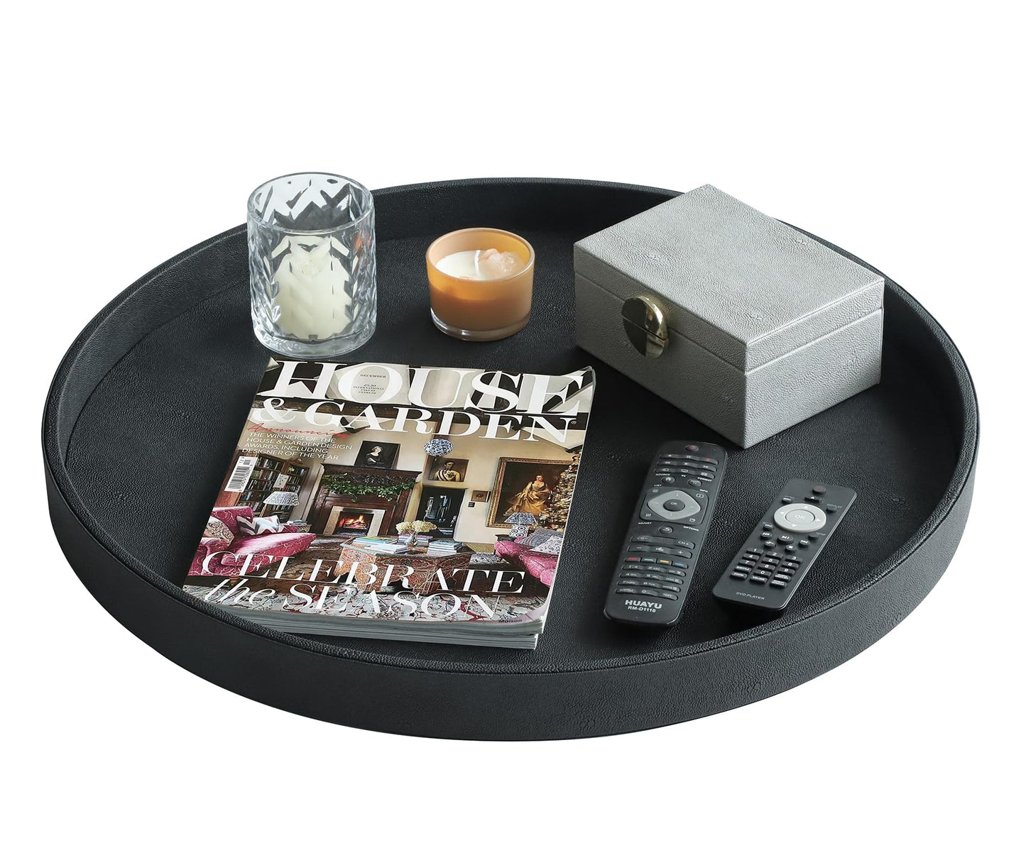 HofferRuffer Large Round Serving Tray 24'', Elegant Faux Leather Circle Ottoman Table Tray, Serve Tea Coffee Breakfast in Bedroom Living Room Kitchen (Classic Black)
