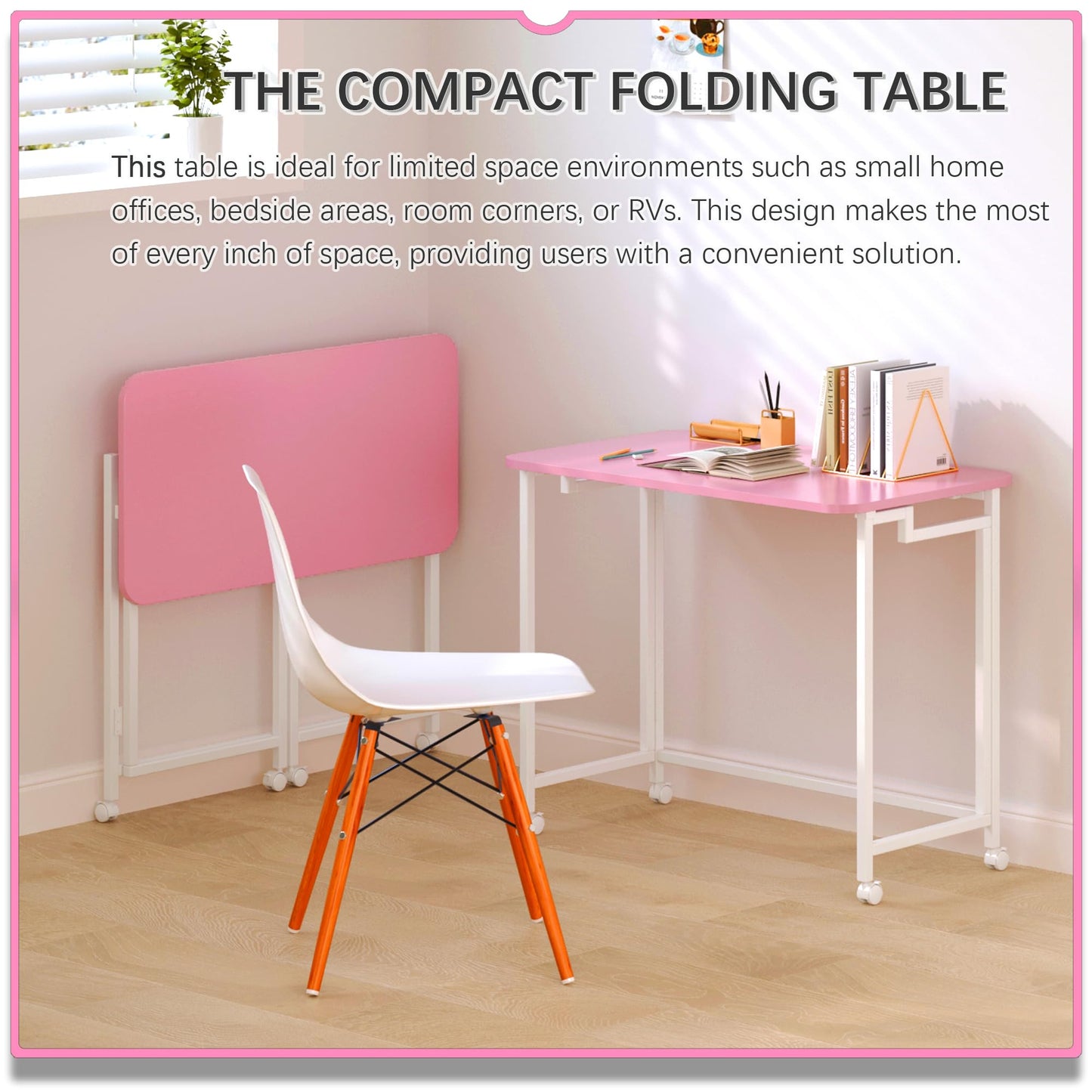 4NM 27.5" Mobile Small Rolling Computer Desk, Folding Laptop Cart Table with Wheels, Portable Office Desk for Small Space Couch Bed - Pink and White