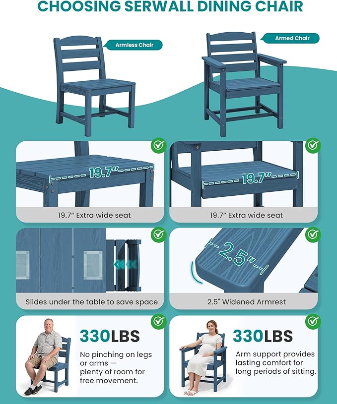 SERWALL HDPE Dining Set for 6: 1 Umbrella Hole Table, 4 Armless + 2 Armchairs.