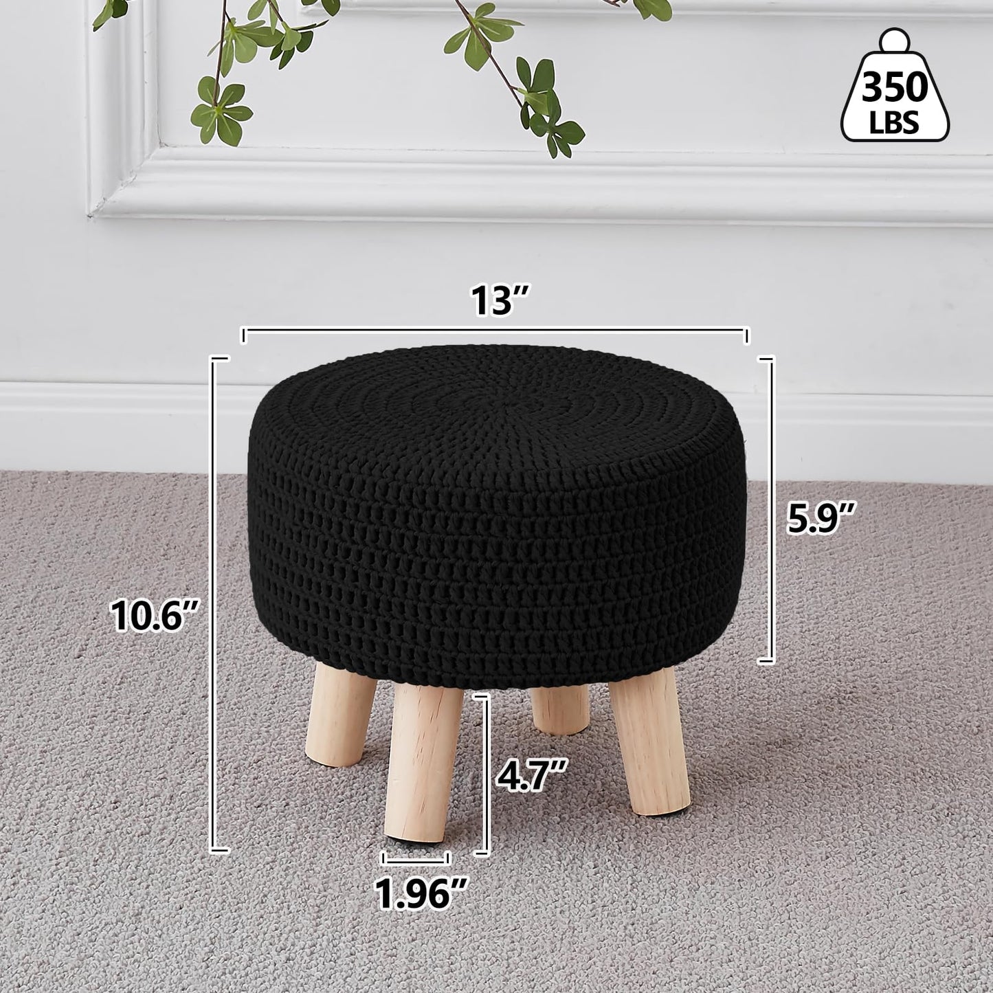 Wimarsbon Small Ottomans, 100% Hand Knitted Pouf Ottoman, Round Footrest with 4 Non-Skid Wood Legs, Boho Décor Cotton Rope Pouffe, Leisure Floor Step Chair for Living Room (Black)
