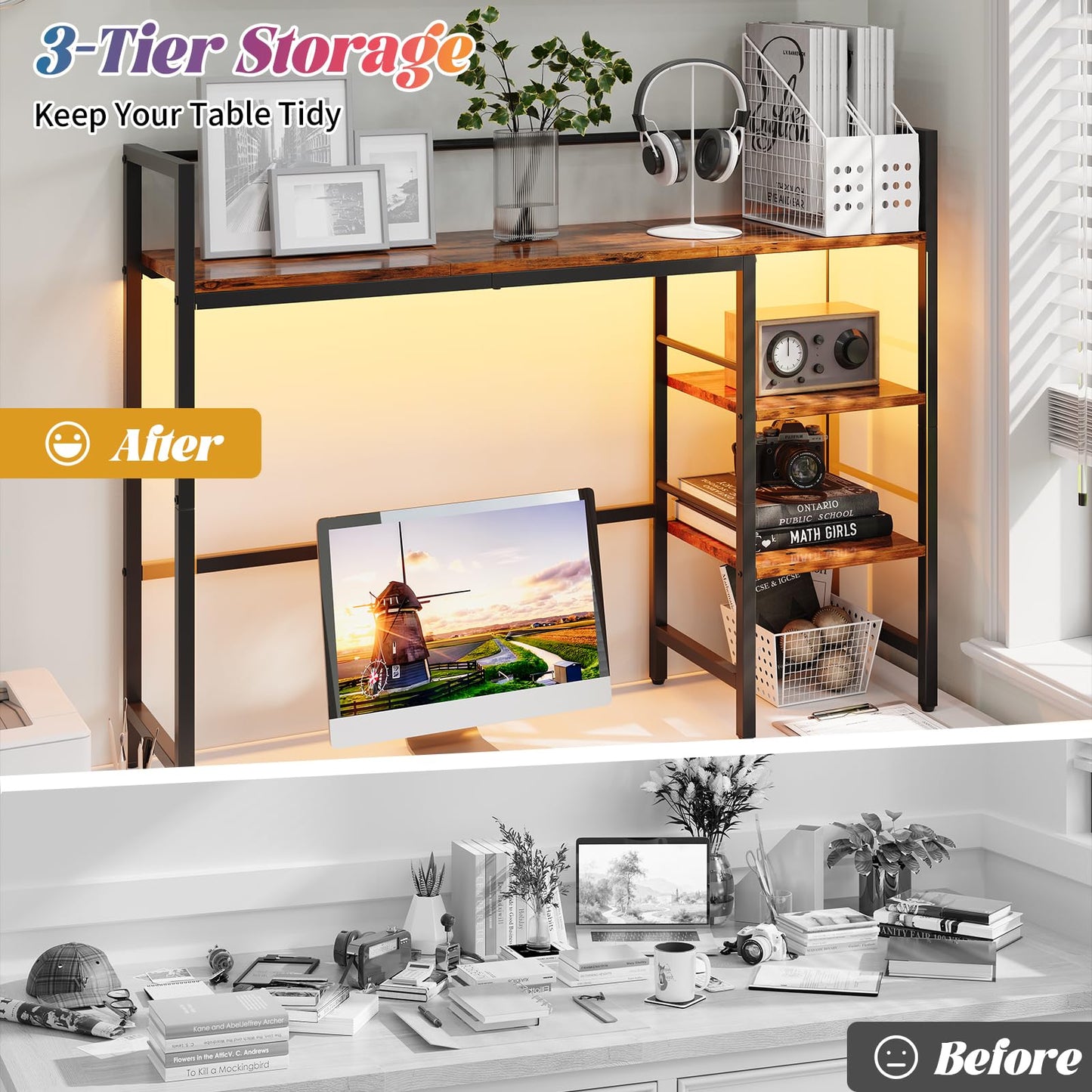 HavenlyYouth Desk Shelf with LED Light Strip, 3-Tier Storage Desktop Organizer Shelf, 38.6" Wood Desktop Bookshelf for Computer Monitor, Desk Hutch for Home Office Dorm, Rustic