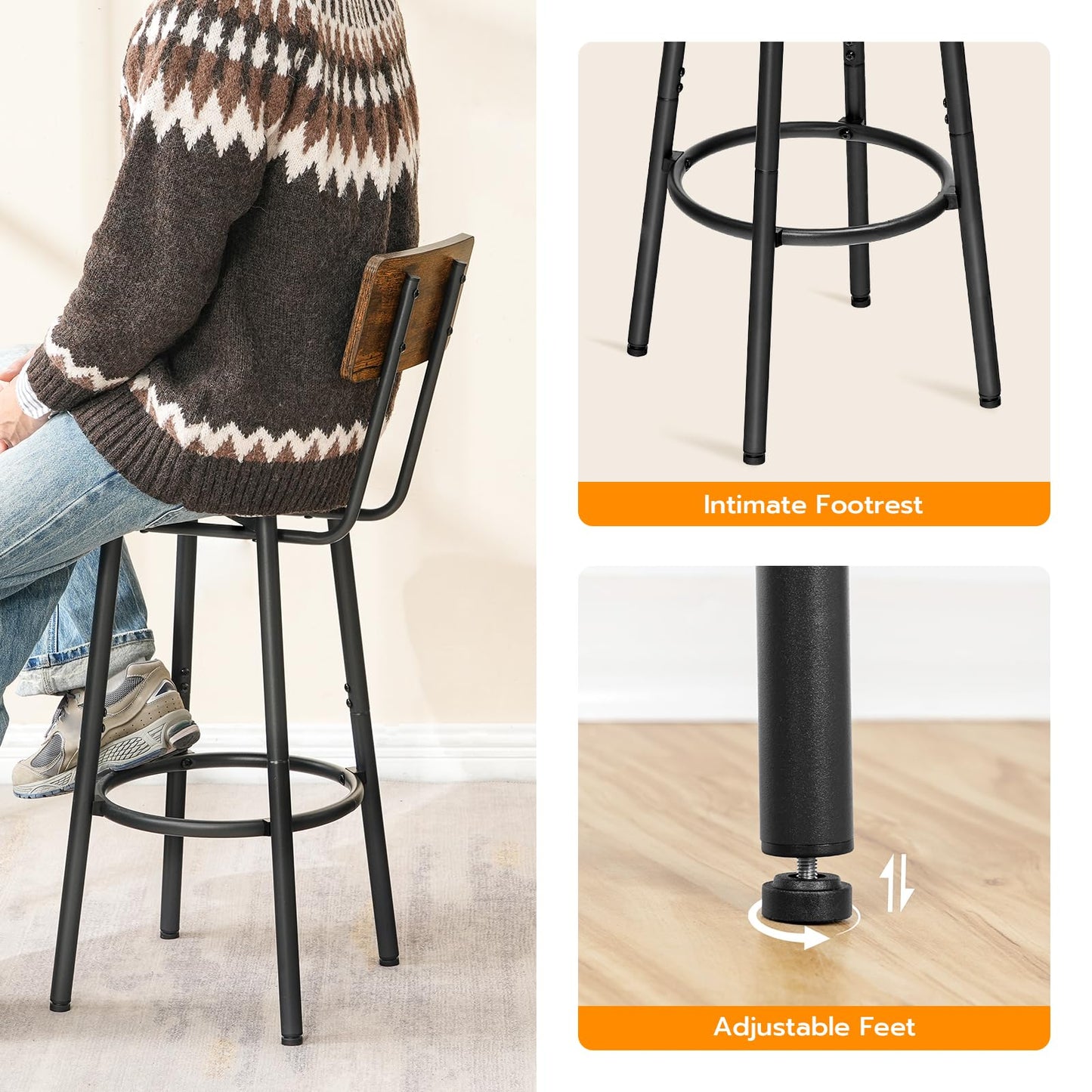 HOOBRO 3 Pieces Round Bar Height Table and Chairs Set, Round Dining Table Set, Pub Table and Chairs for Small Space, 2 Tier Kitchen Table and Bar Stools with Back, Rustic Brown BF35BT01