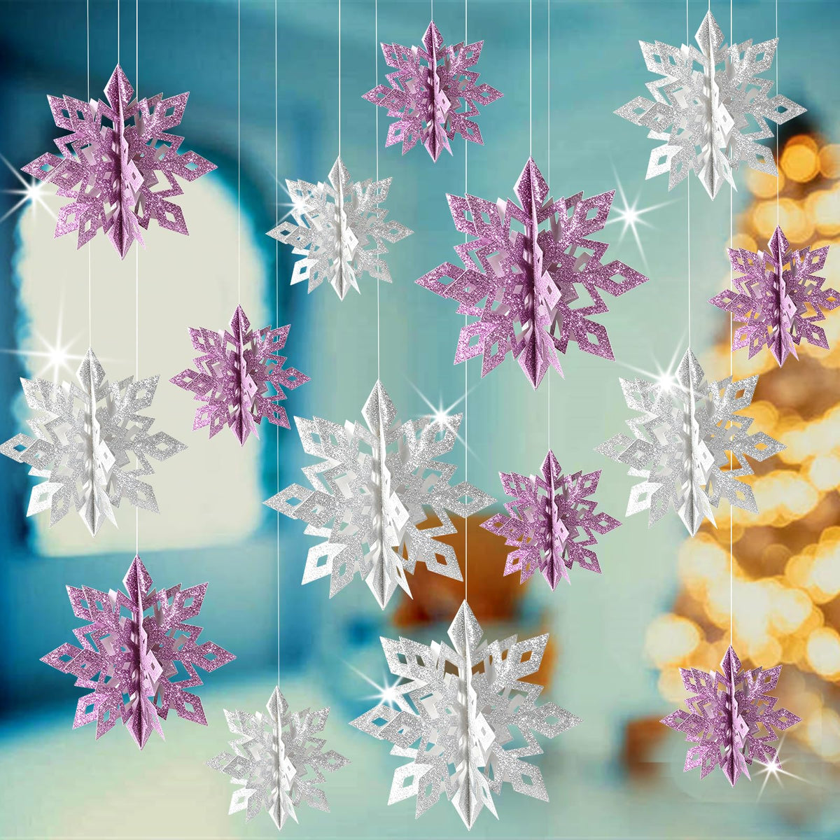 Christmas Hanging Snowflakes Decorations, 15pcs 3D Glitter Purple Silver Paper Snowflakes Snow Flakes Garland for Winter Wonderland Frozen Christmas Birthday Party Decorations