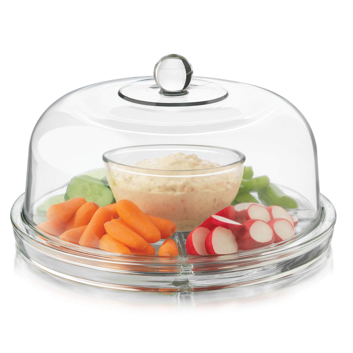Libbey Selene 6-in-1 Domed Cake Stand, Unique Space Saving Glass Cake Stand with Dome, Multi-Purpose Dip Bowl To Serve Snacks and More