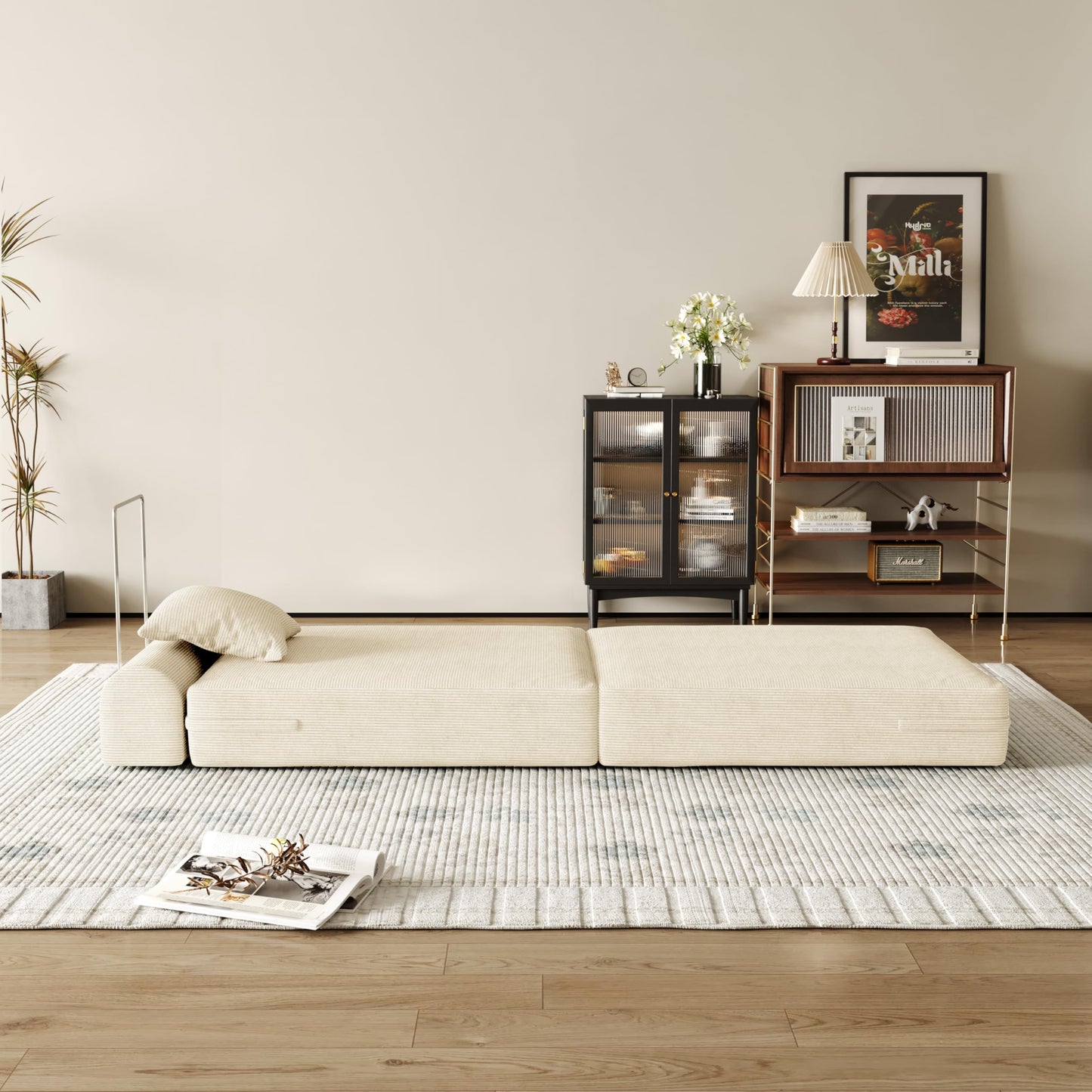 31.5'' Convertible Compressed Corduroy Folding Cloud Sofa Bed, Modern Boneless Pull Out Sleeper Sofa Couch in a Box, 3 in 1 Portable Lazy Floor Lounge Chair, No Assembly Needed, Beige, Pillow, Single