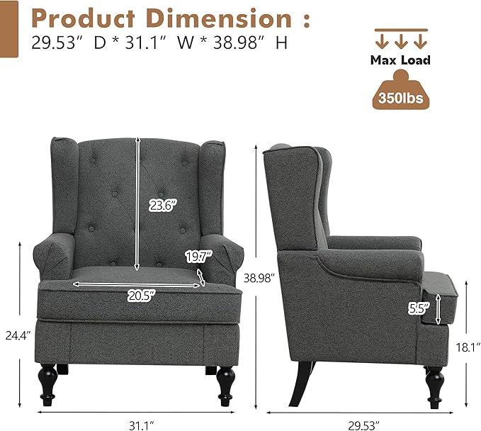 Accent Chair for Living Room, Mid Century Modern Upholstered Armchair, Wingback