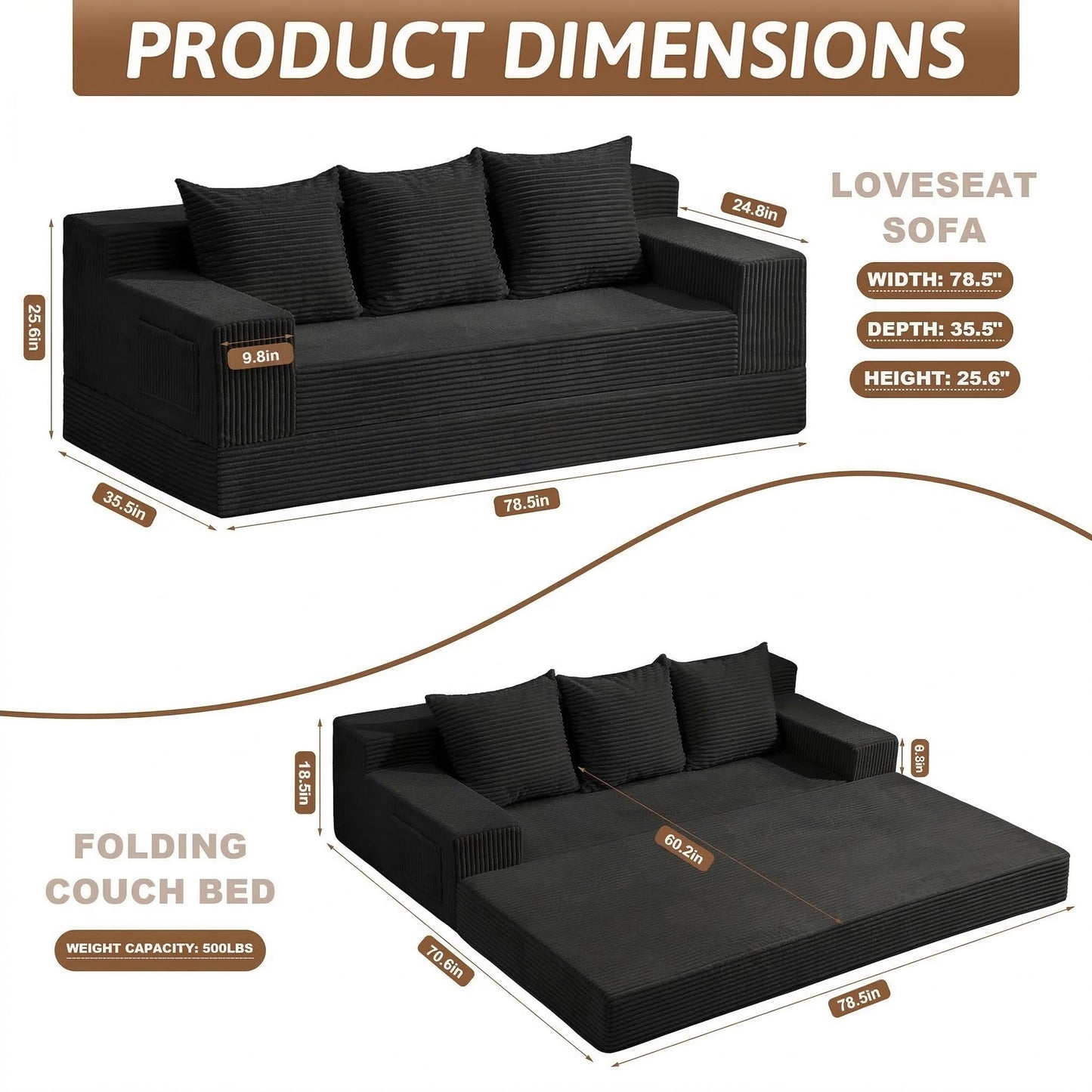 NLDD 78" Convertible Sofa Bed, Foldable Floor Couch Futon Sofa,High-Density Sponge Boneless Couch, 3 Seater Sleeper Couch with 3 Pillows for Living Room Bedroom Lounge (Black)