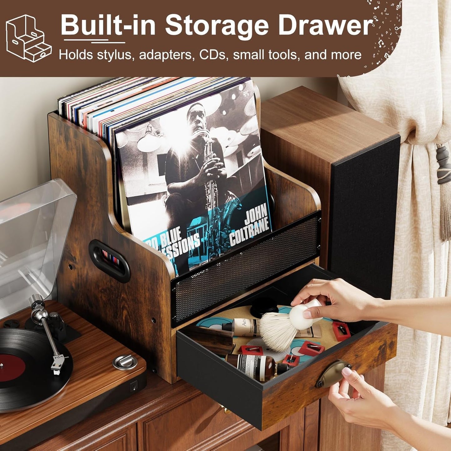 JunVpic Vinyl Record Storage Crate with Drawer – Wooden & Metal LP Record Holder Box for Home, Desktop & Music Room, Holds 100+ Vinyl Albums, Books, and Files