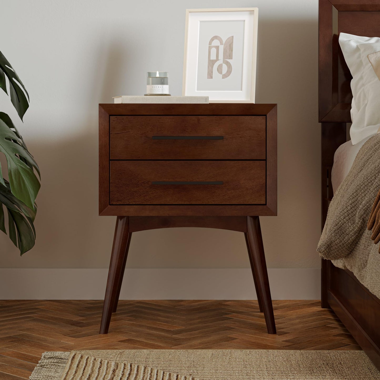 AFI, Pasadena Solid Wood Mid-Century Modern 2 Drawer Nightstand, Walnut