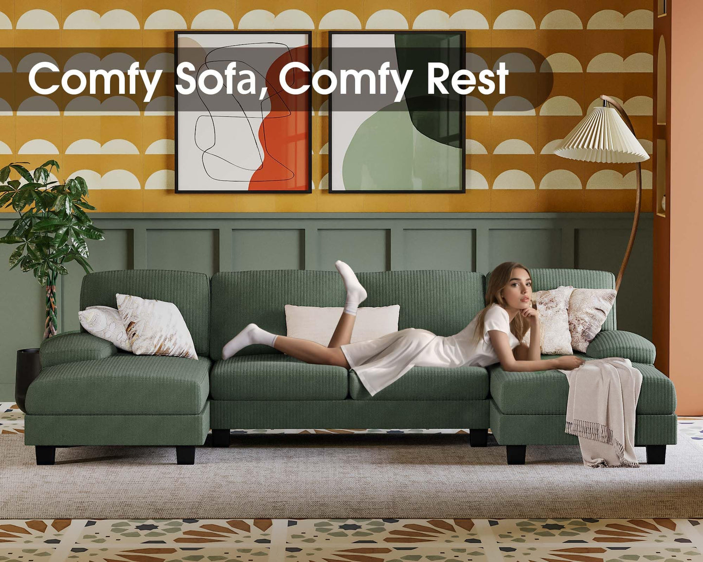 Furmax Sectional Couches for Living Room, U-Shaped Sofa Couch with Linen Fabric, 4 Seat Sofa Set with Double Chaise for Apartment (Corduroy, Dark Green)