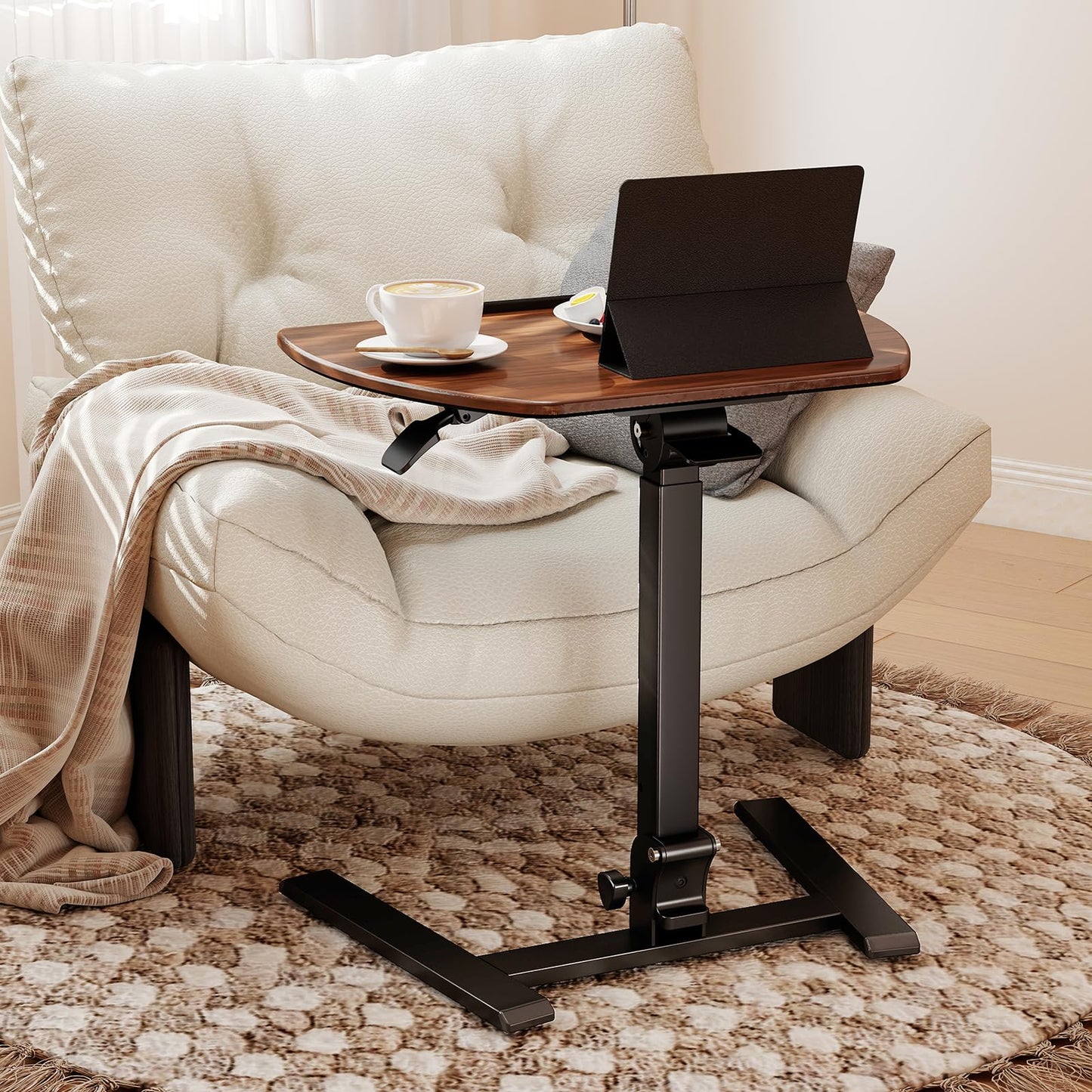 ROMOON Folding Portable Standing Desk with Wheels, No-Assembly Rolling Height-Adjustable Sit-Stand Table, Space-Saving Foldable Laptop Cart for Home Office and Computer Workstation (Walnut)