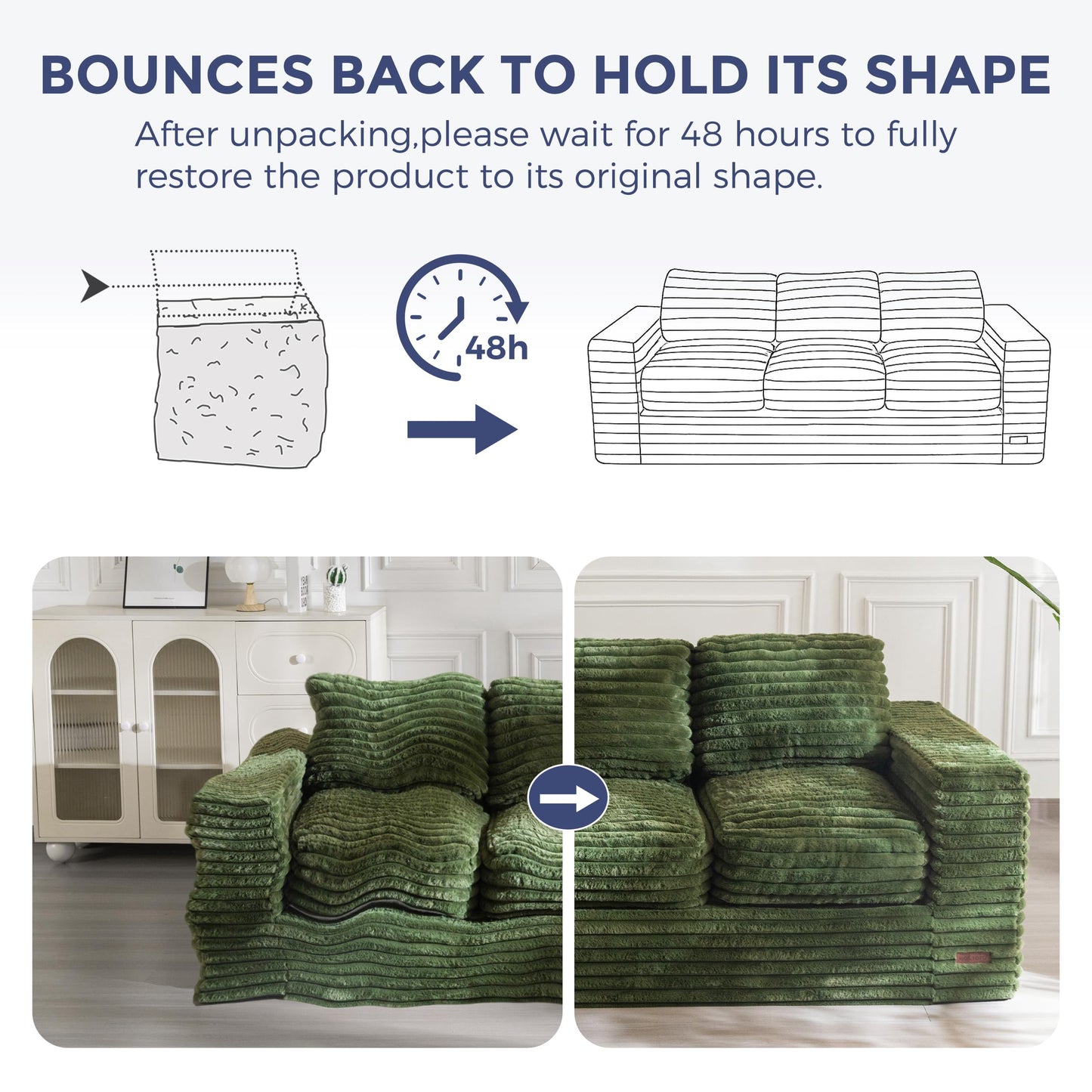 MAXYOYO 3-Seater Boneless Sofa Couch in a Box, Modern Faux Fur Sofa for Living Room, Soft High-Density Foam Couch with Pillows, Fluffy & Supportive Lounge, No Assembly Required, Green