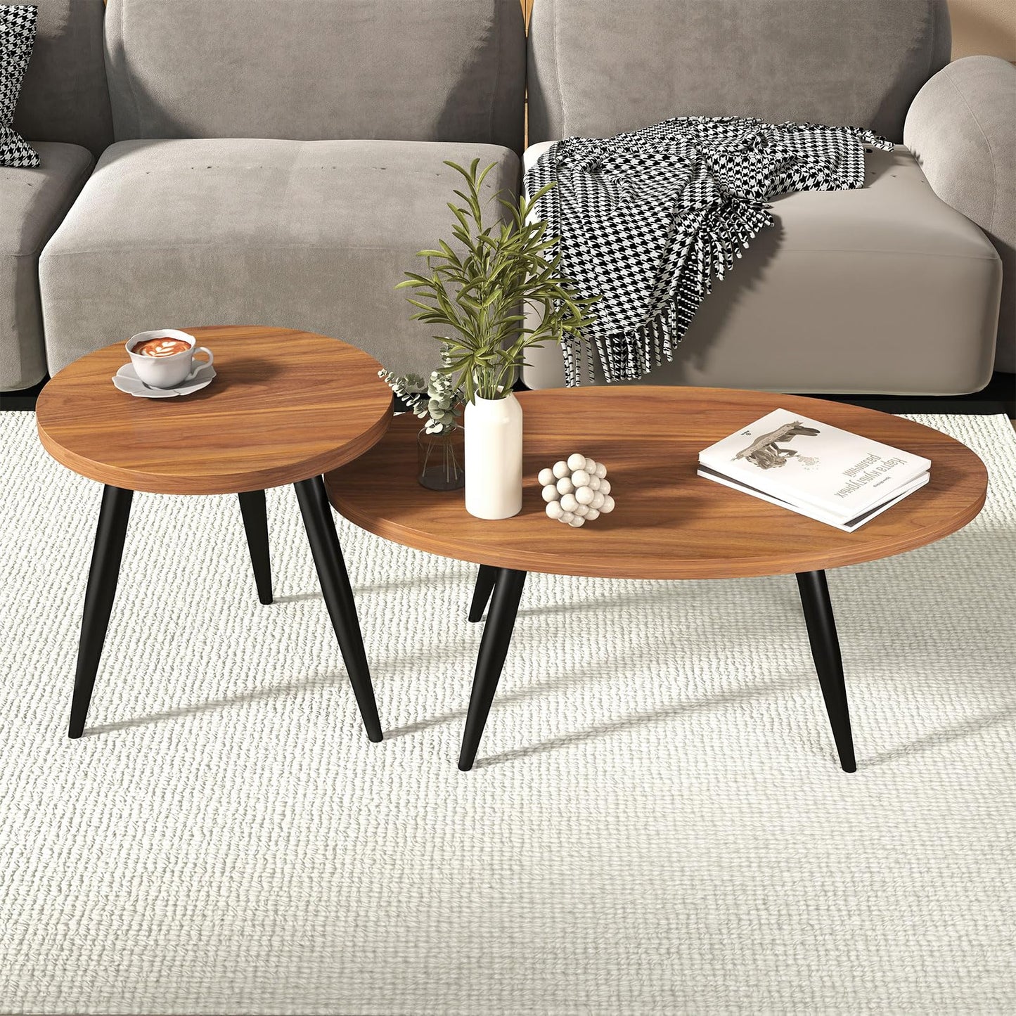 Permory 2-Piece Nesting Coffee Table Set, Oval & Round Mid-Century Modern Side Tables with MDF Tabletop & Metal Tapered Legs, Accent Table Set for Living Room, Small Spaces, Walnut