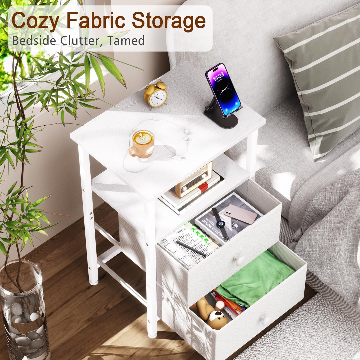 LOAKEKEL Night Stand, Nightstand with 2 Fabric Drawers for Bedroom, Small End Table with Open Storage Shelf for Living Room, Bedisde Table for Apartment, White, HETS002WP-1