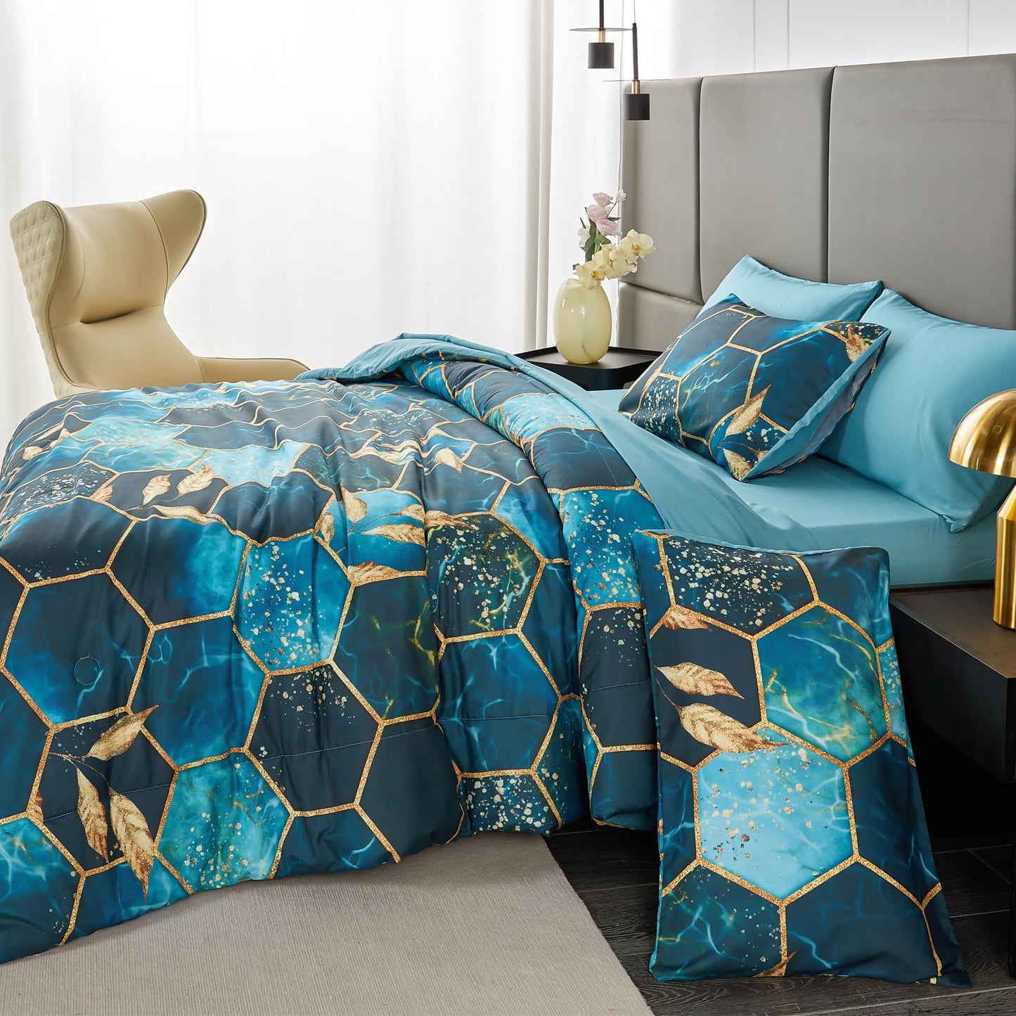 ZRNBAST Honeycomb Comforter Set - 7 Piece Hexagon Bedding Set - Full Size - Teal Gold - All Season - Down Alternative - for Teens & Adults