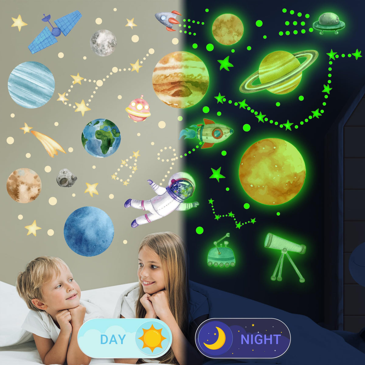 Watercolor Solar System Wall Decals, Glow in The Dark Stars, Kids Planets Sticker for Ceiling, Astronaut Wall Stickers for Bedroom, Green