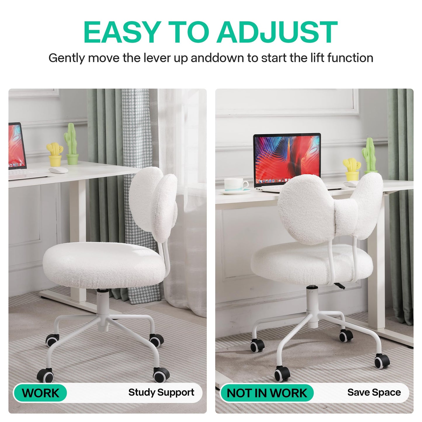 Shiepu Cute Desk Chair with Back,Comfy Small Office Chair with Wheels, Armless Adjustable Rolling Swivel Computer Chair for Home Office,Make-up Room,Bedroom,Vanity Chair for Girls,Teddy Velve,White