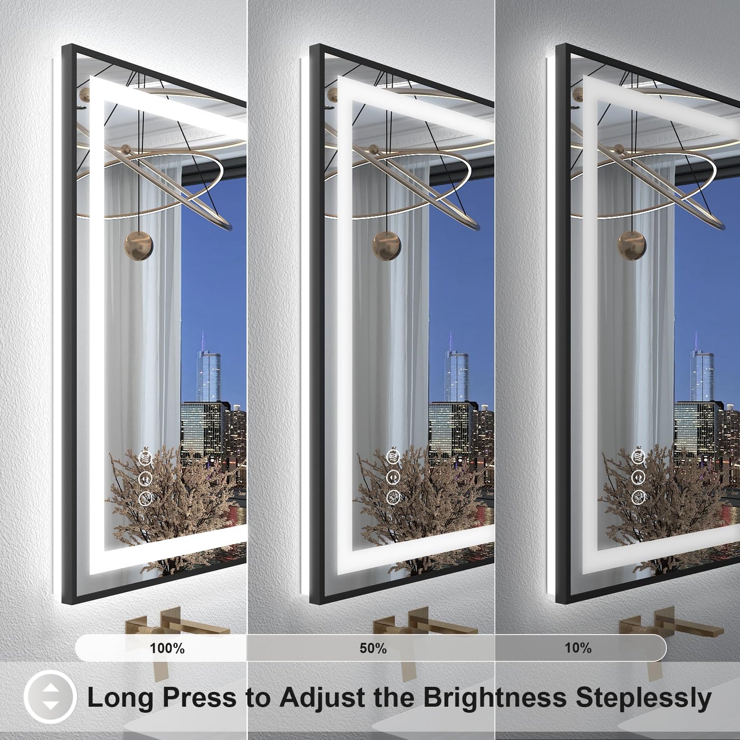 OKPAL 30x36 Framed LED Bathroom Mirror, Black Lighted Mirrors for Bathroom Wall, Front and Backlit LED Vanity Mirror, Dimmable, Anti-Fog, Memory, Shatterproof, Horizontal/Vertical