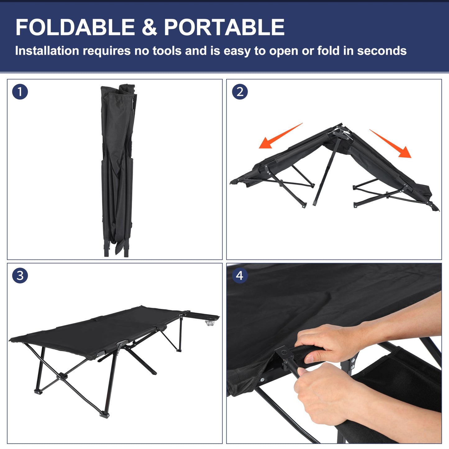 YSSOA Folding Camping Cot with Table for Adults, Portable and Lightweight Sleeping Bed for Outdoor Traveling, Hiking, Easy to Set up, Black
