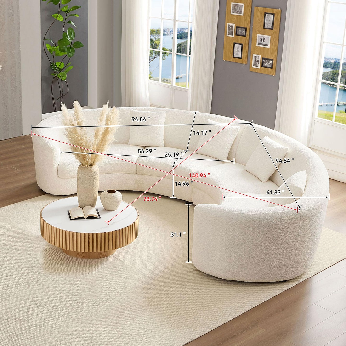 BBTJOINT Modern Half Round Sofa, Rearrangeable Curved Sectional, a Third Modular Circle Couch, Cream White Boucle Fabric Upholstery Furniture, 4-Seater Semicircular Living Room Set