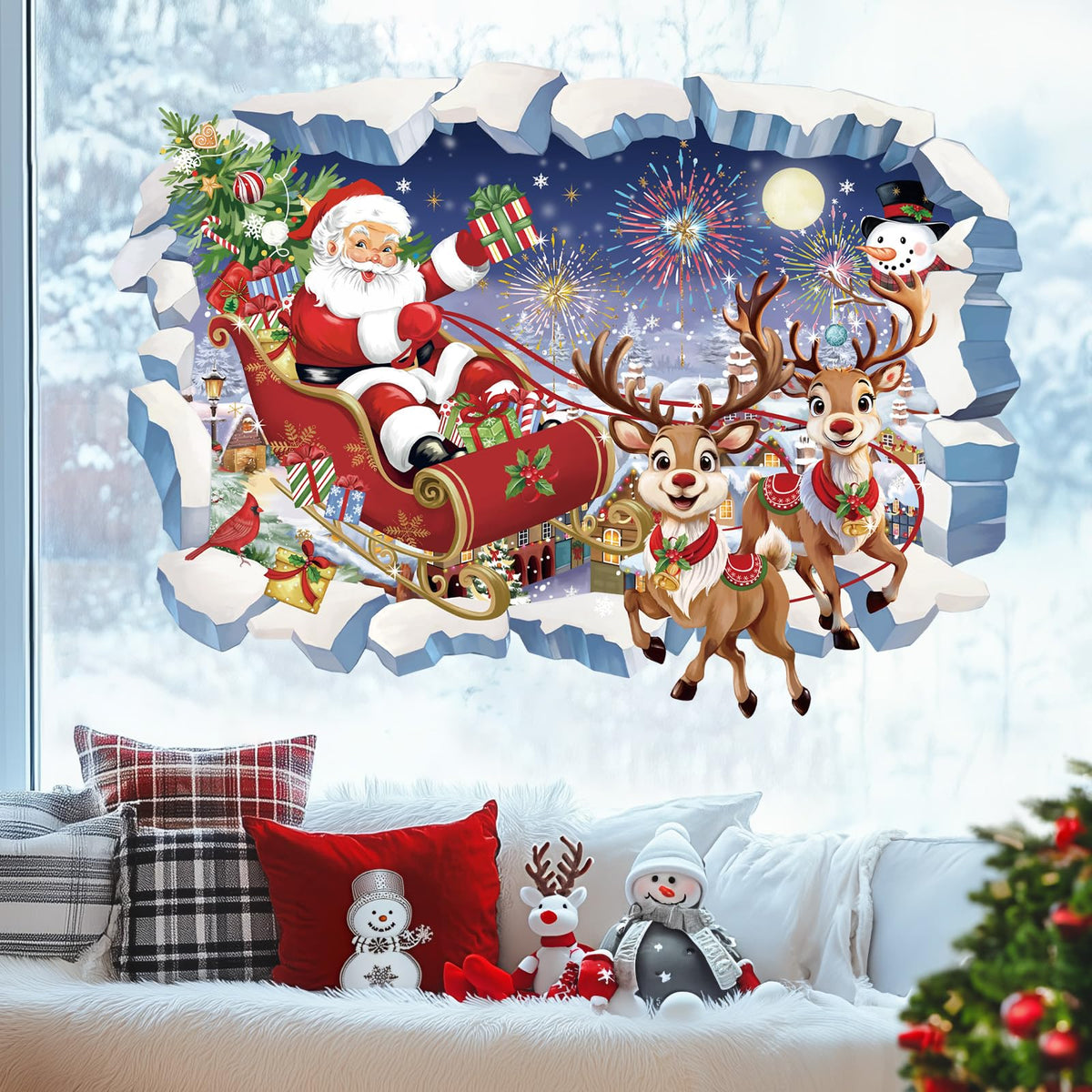 wondever 3D Christmas Wall Stickers Santa Claus and Reindeer Snowman Christmas Window Wall Art Decals for Party Window Xmas Home Party