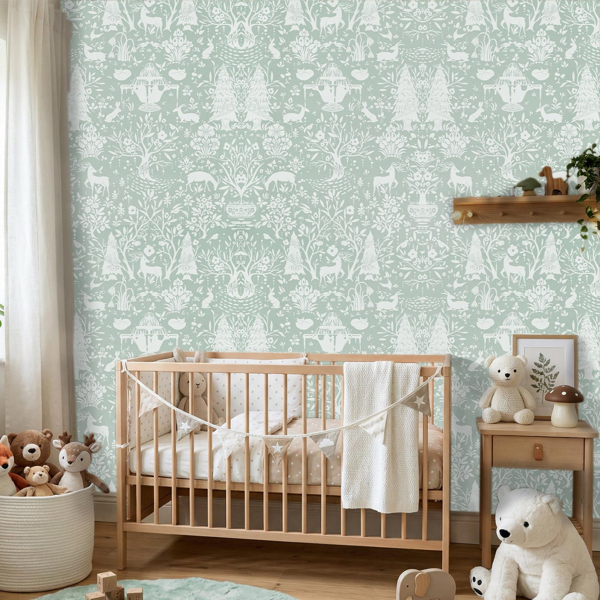 WENMER Forest Animal Wallpaper, 17.7" x 590" Green and White Contact Paper, Woodland Peel and Stick Wallpaper with Deer Rabbit Fox, Self Adhesive Removable Wall Paper for Living Room Bedroom Nursery