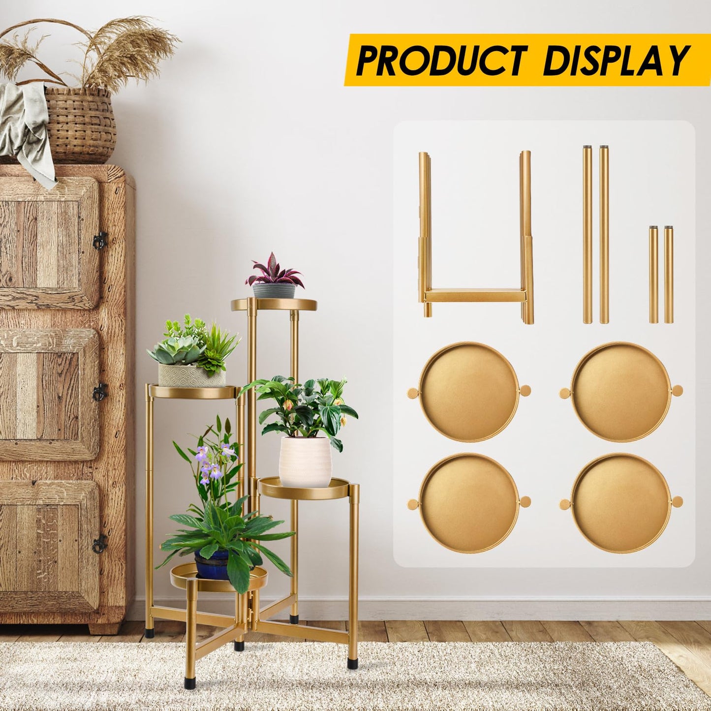 HOEGMST 4 Tier Plant Stand Indoor Outdoor, 31 Inch Tall Metal Plant Shelf Waterproof, Plant Holder with Folding Design For Home, Living Room, New Upgrate Gold