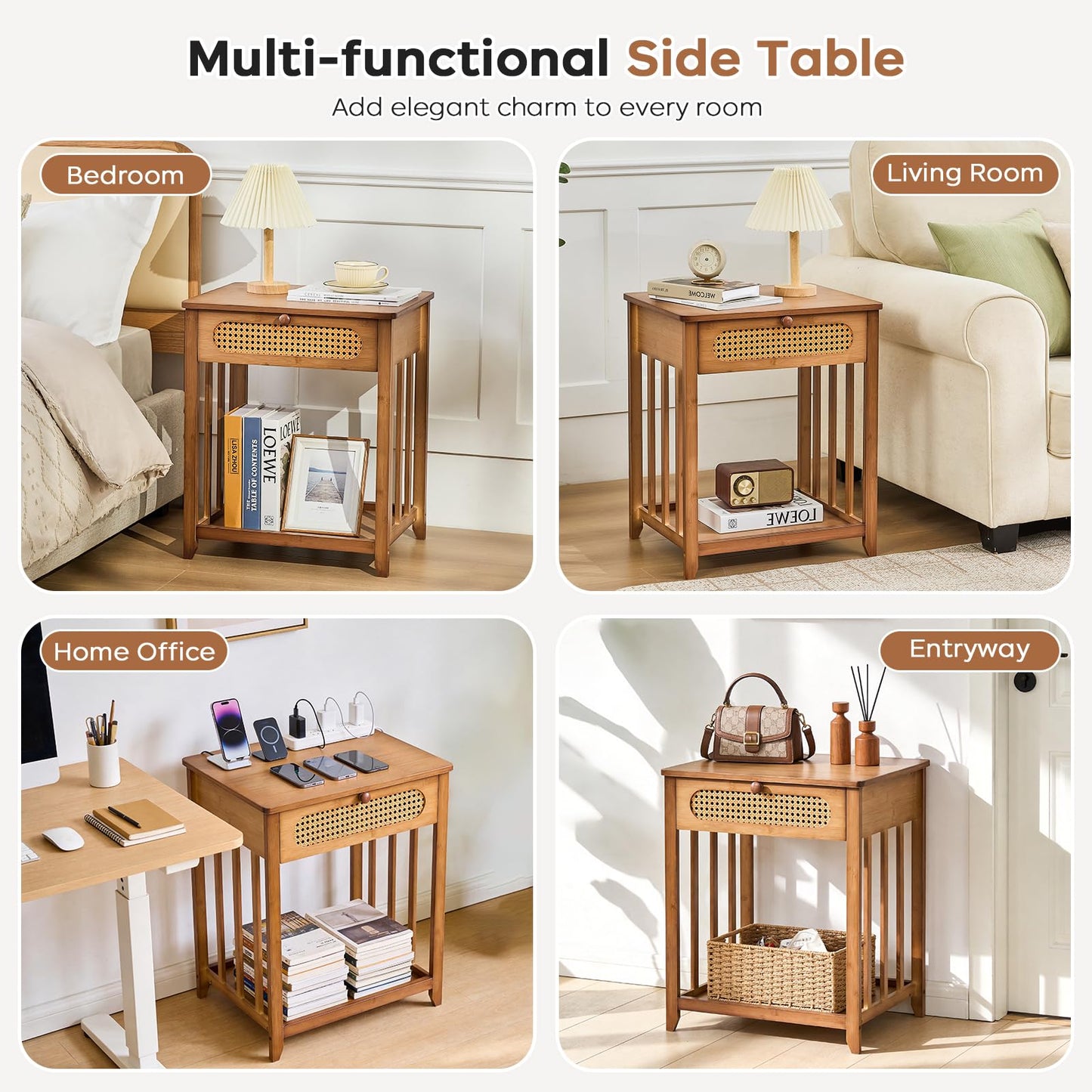 oakvivo Night Stands Set of 2, Rattan Nightstands Bedside Table, 19.7" Wide Bamboo End Bed Tables with Drawer & Open Storage Shelf, Farmhouse Side Tables for Bedroom, Sofa, Small Space, Walnut
