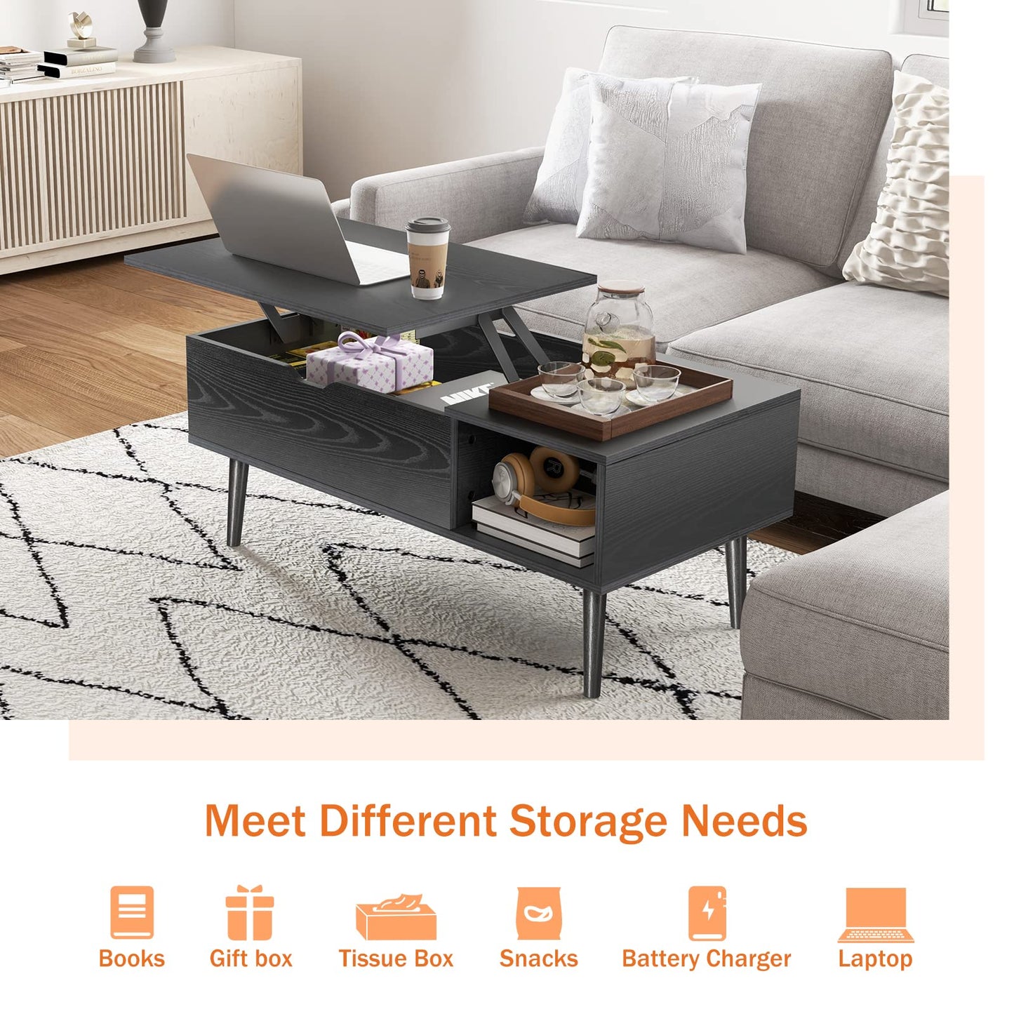 Sweetcrispy Coffee Table Lift Top Coffee Tables for Living Room,Small Rising Wooden Center Tables with Storage Shelf and Hidden Compartment, Black