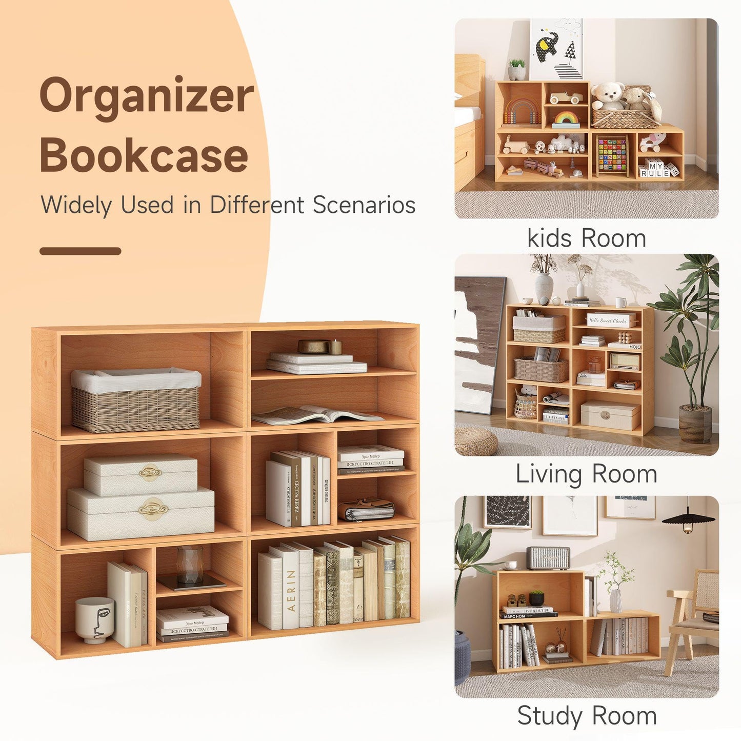 WHOOSPEREH 3 Cube Organizer Bookcase, Easy Assembly Wooden Open Shelving Unit Book Shelf, Expandable Storage Shelves for Living Room, Office, Bedroom, Beech Color (1 Set)