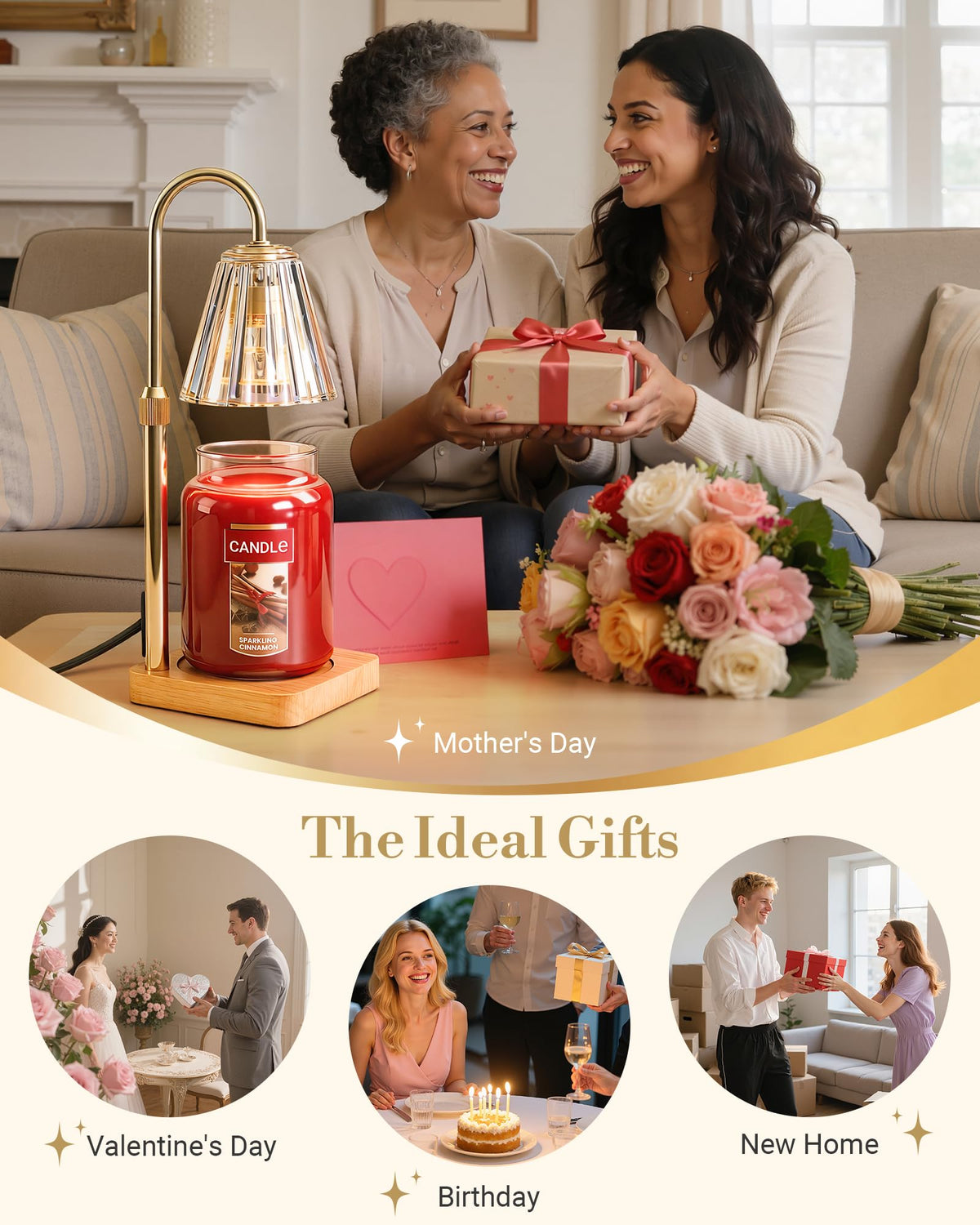 Marycele Candle Warmer Lamp with Timer & Dimmer - Mothers Day Gifts for Women Mom Her, Aesthetic Office Home Decor, Adjustable Height Wax Melter for Candle Jar & 3-Wick Candles (2 Bulbs Included)