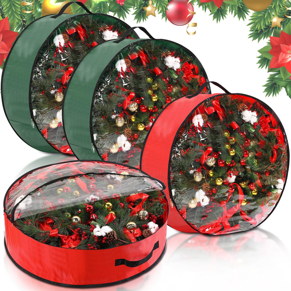 Aliceset 4 Pack Wreath Storage Containers, Ornament Garland Wreath Storage Bags with Handle Zipper Decorative Storages Box for Christmas in July Wreaths(24 x 24 x 7.8 Inch,Red, Green)