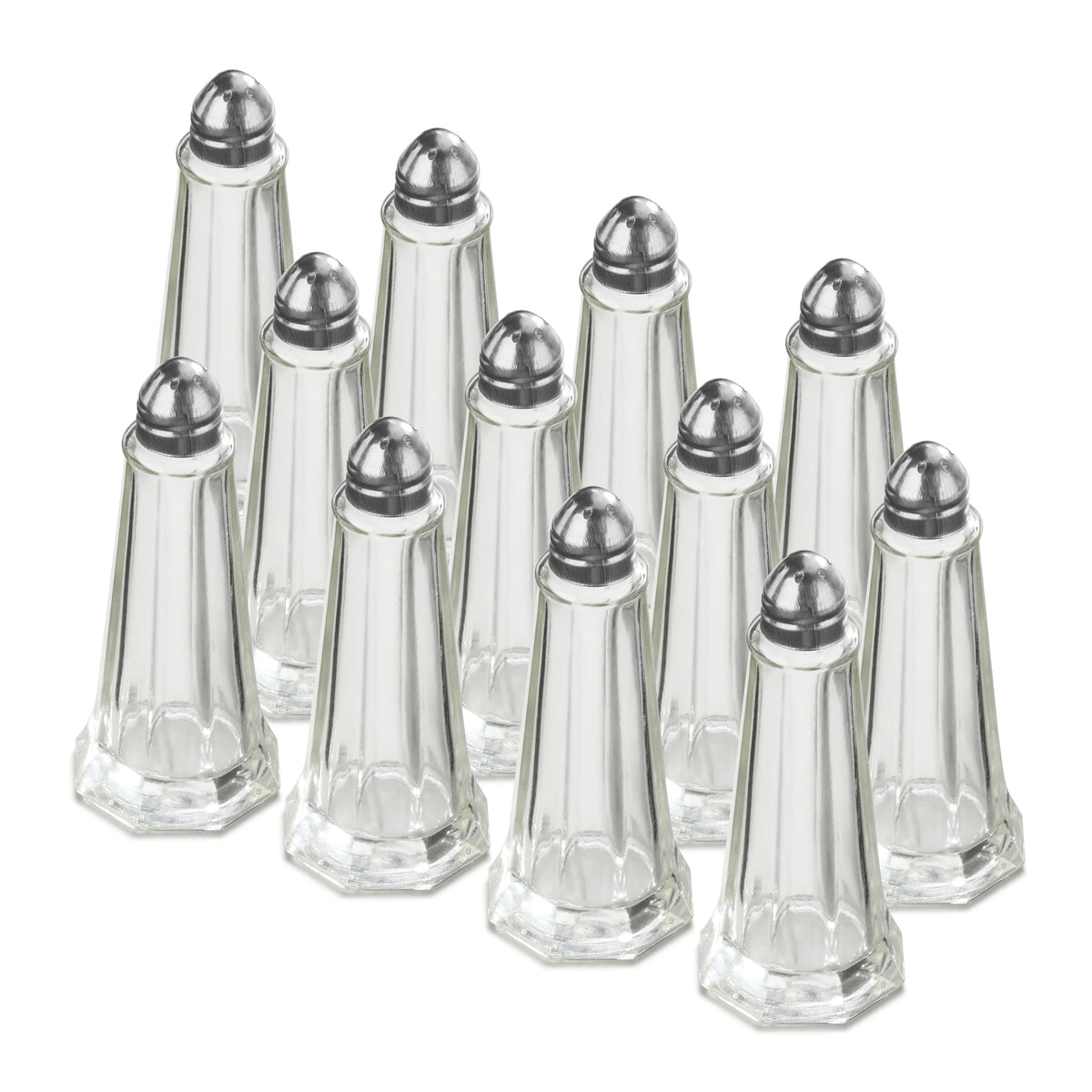 New Star Foodservice Glass Tower Salt and Pepper Shakers, 1 oz Set of 12, Clear Glass Shakers with Stainless Steel Tops for Restaurants and Tabletop Use