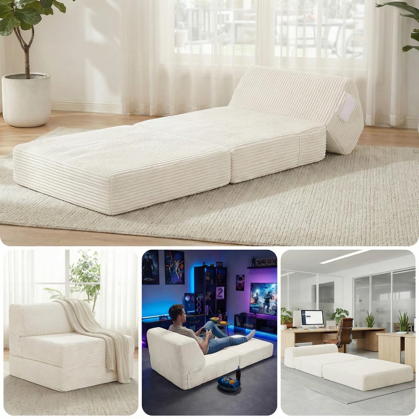Kasunpul Folding Sofa Bed with Pillow, Memory Foam Fold Out Chair Bed, Convertible Sleeper Chair with Washable Cover, Futon Floor Couch for Living Room/Dorm/Guest Use/Home Office/Apartment, Beige
