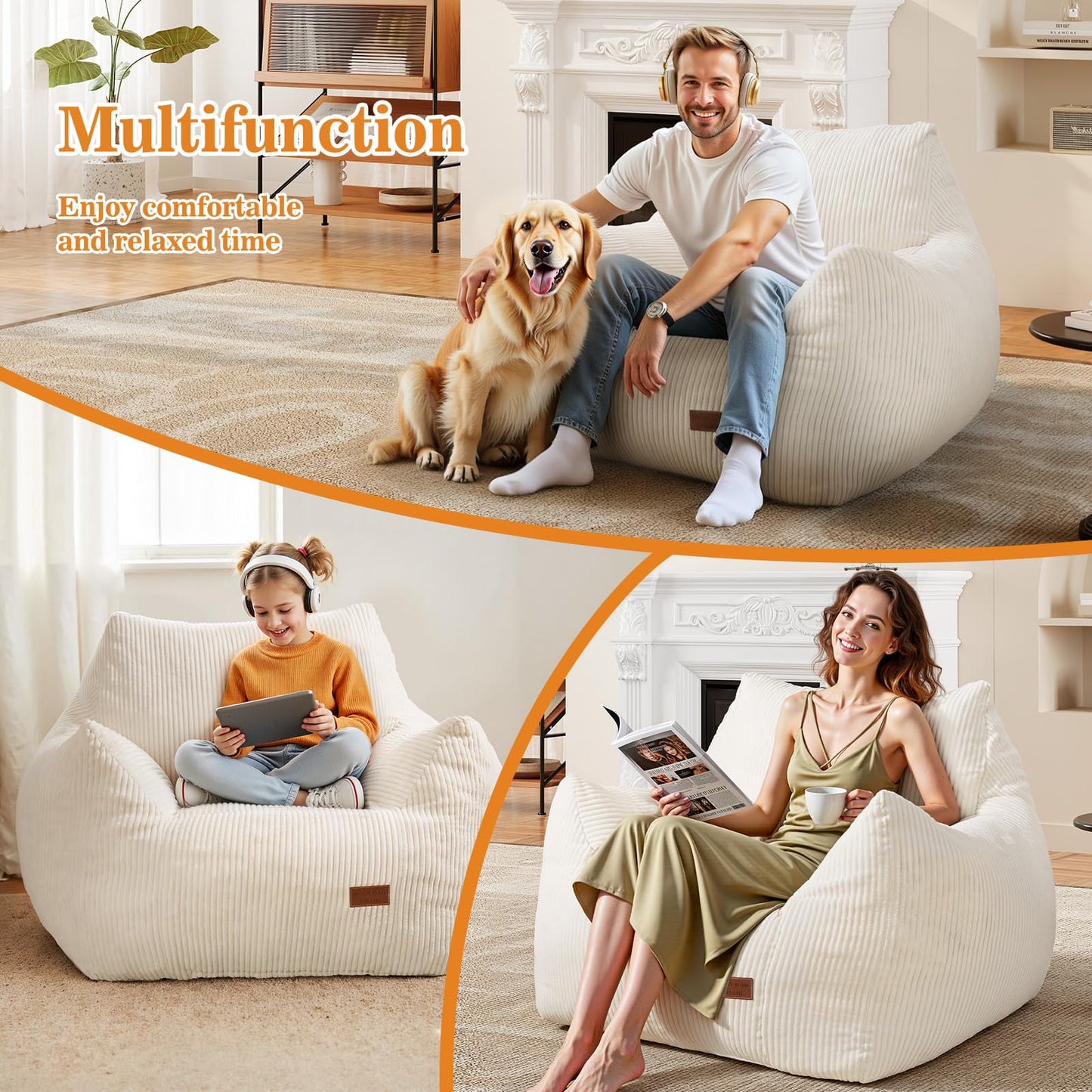 Vellorise Big Bean Bag Chair for Adults, Ultra Soft Living Room Bean Bag with Armrests, Stuffed BeanBag Chair for Napping, Gaming, Vacuum-Compressed for Easy Gifting, 48 Hours to Fluffs Up, Beige