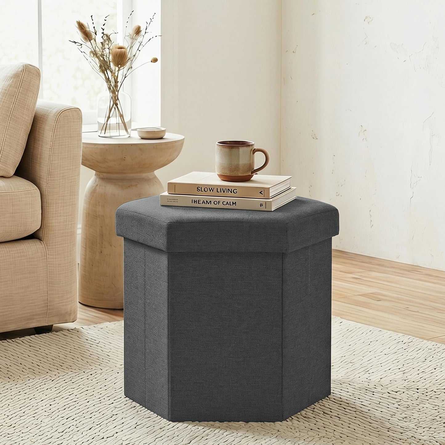 ZOLANOful Hexagon Storage Ottoman, Foldable Linen Footrest with Hidden Storage, Upholstered Ottoman Footstool for Living Room, Bedroom, Dorm, Entryway, 15 x 16.9 x 15 Inches, Grey