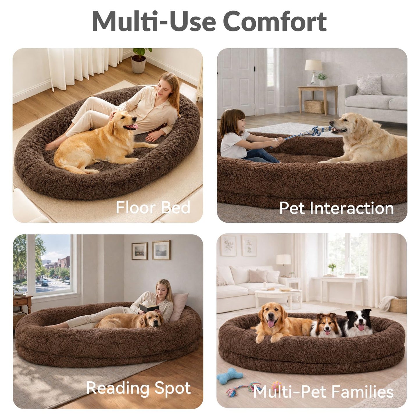 71"x44"x12.5" Human Dog Bed for Adult Faux Fur Washable Human Dog Bed Portable Handle, Egg Orthopedic Foam Human Bed Extra Large Brown