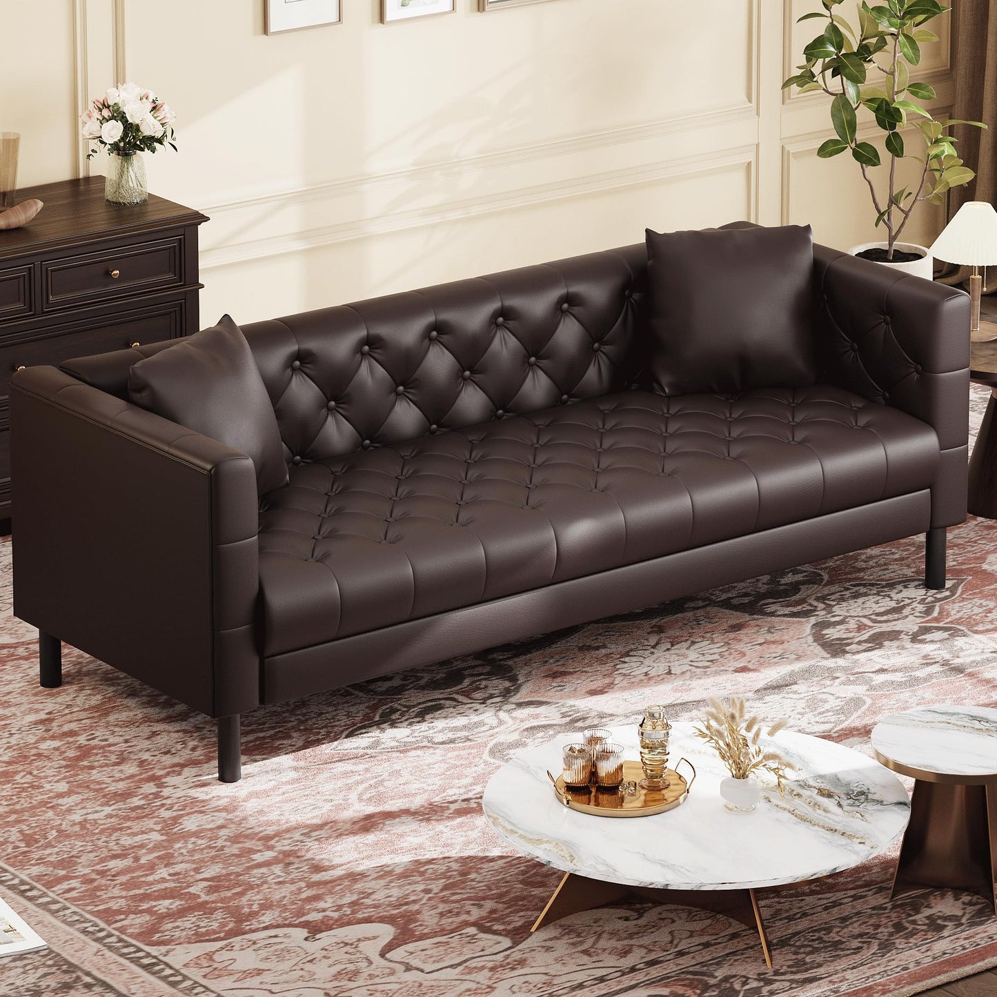 GarveeHome 81 in Leather Couch for Living Room, Modern Sofa Couch with Deep Seat and 2 Pillows, Handmade Button Tufted 3 Seater Sofa, Leather Sofa for Apartment or Office, Dark Brown