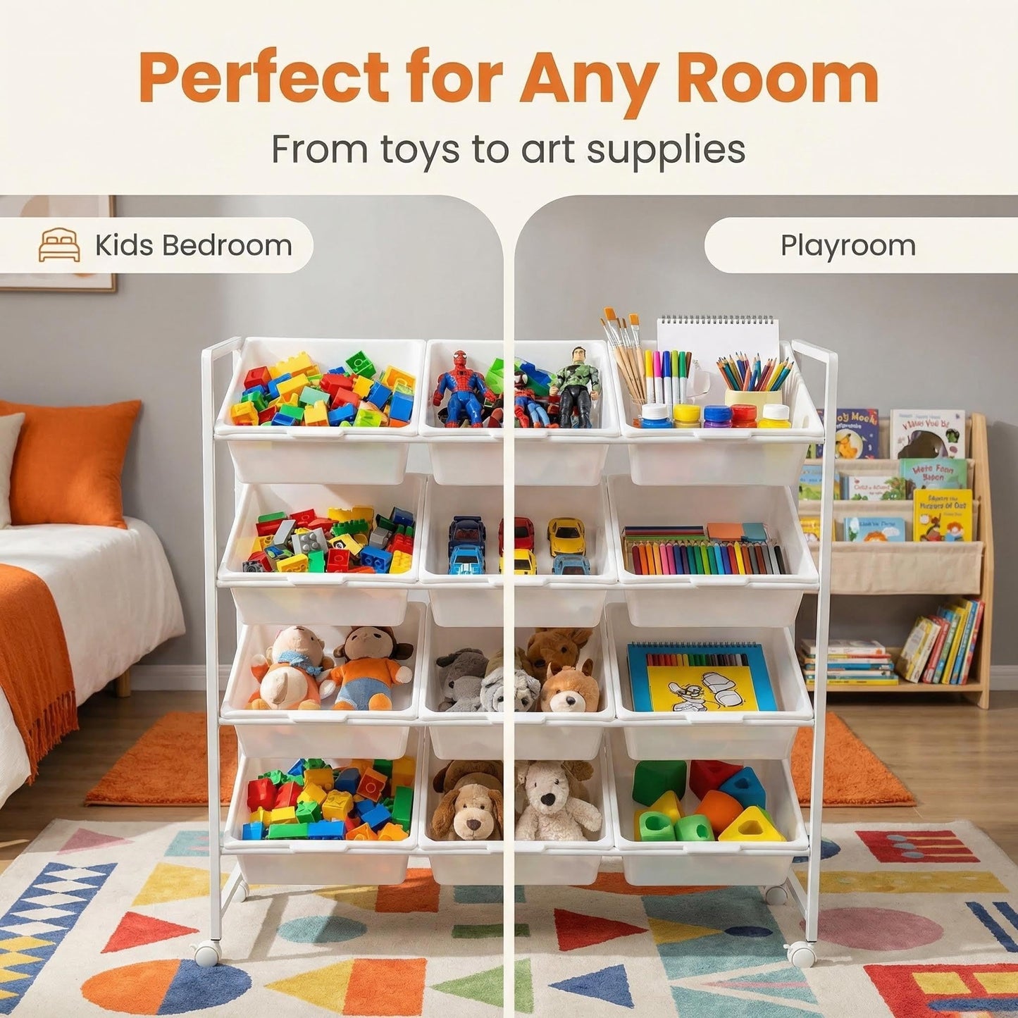 PureBox 4-Tier 3-Row Kids Toy Storage Organizer with 12 Rolling Plastic Bins, Mobile Utility Cart Bookshelf Cabinet for Playroom, Bedroom, and Classroom, Easy-Glide Bins for Quick Cleanup